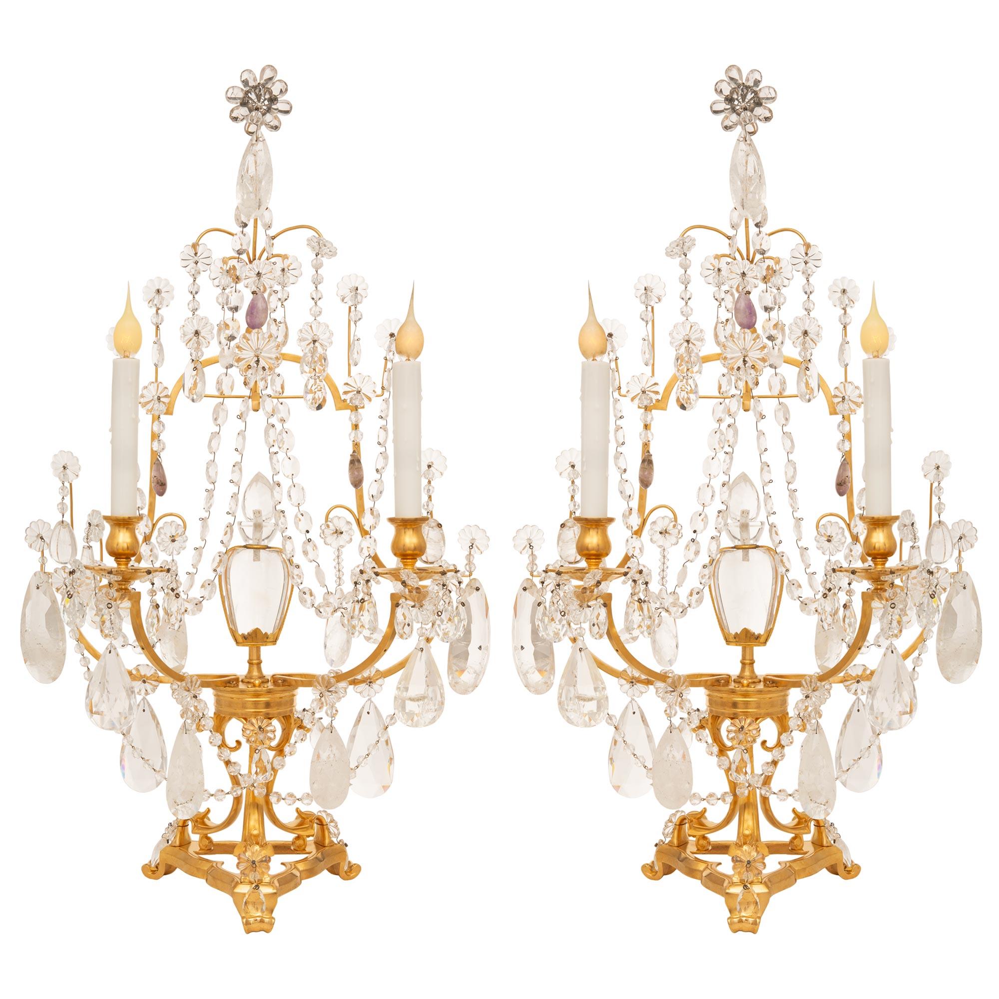 Pair Of French 19th Century Louis XVI St. Rock Crystal & Ormolu Girondoles Lamp For Sale 6