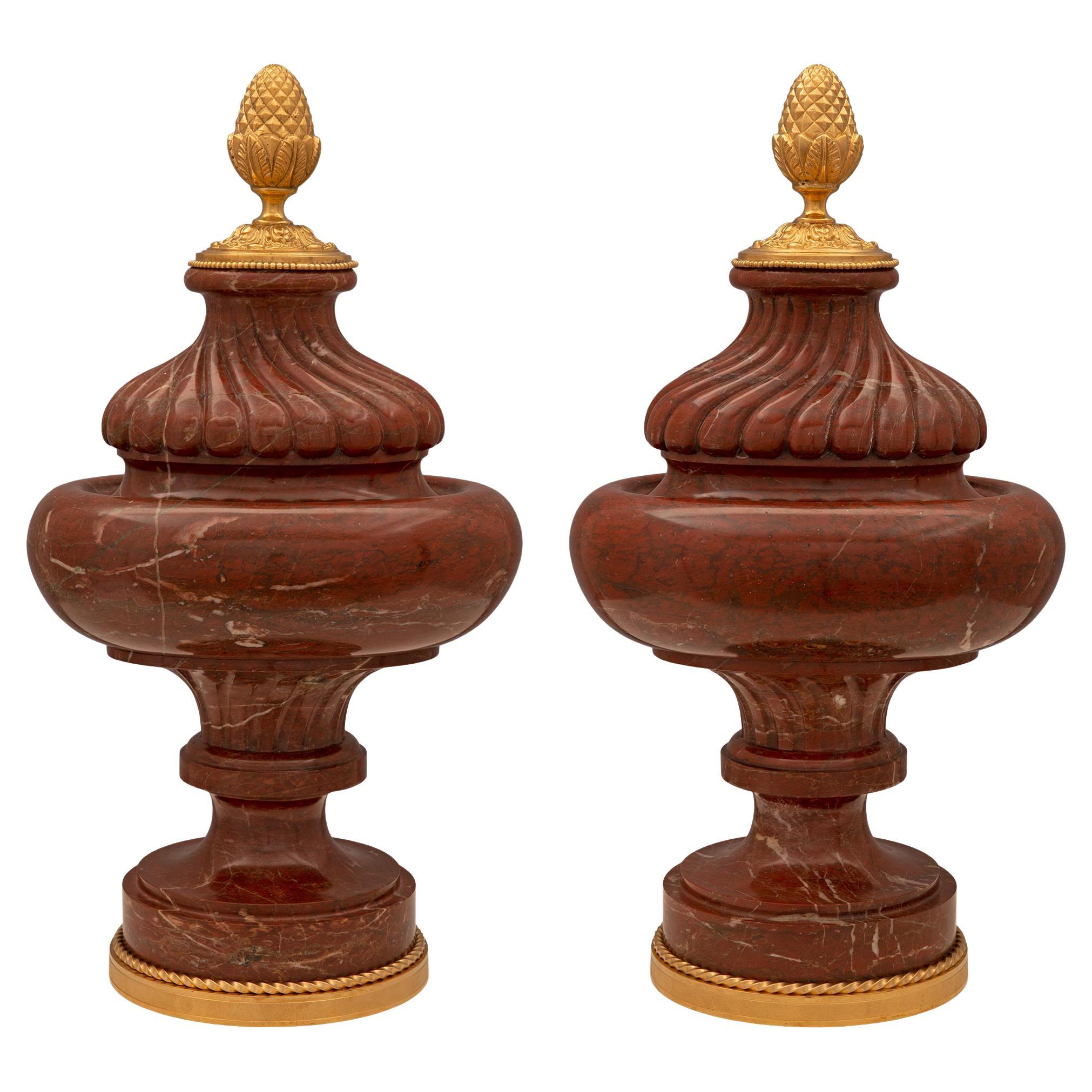 Pair of French 19th Century Louis XVI St. Rouge Griotte Marble and Ormolu Urns