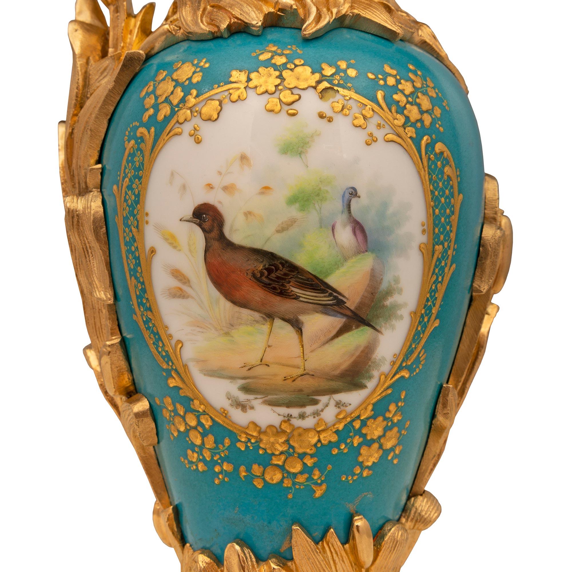 Pair of French 19th Century Louis XVI St. Sèvres Porcelain and Ormolu Ewers For Sale 5
