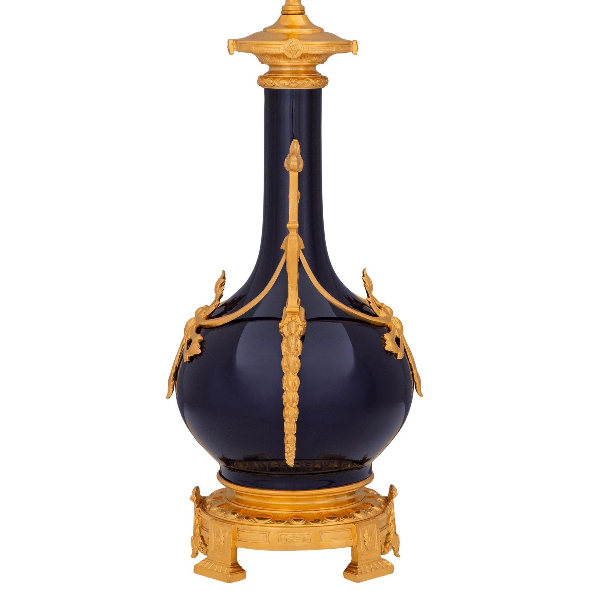 19th Century pair of French 19th century Louis XVI st. Sévres Porcelain and Ormolu lamps For Sale