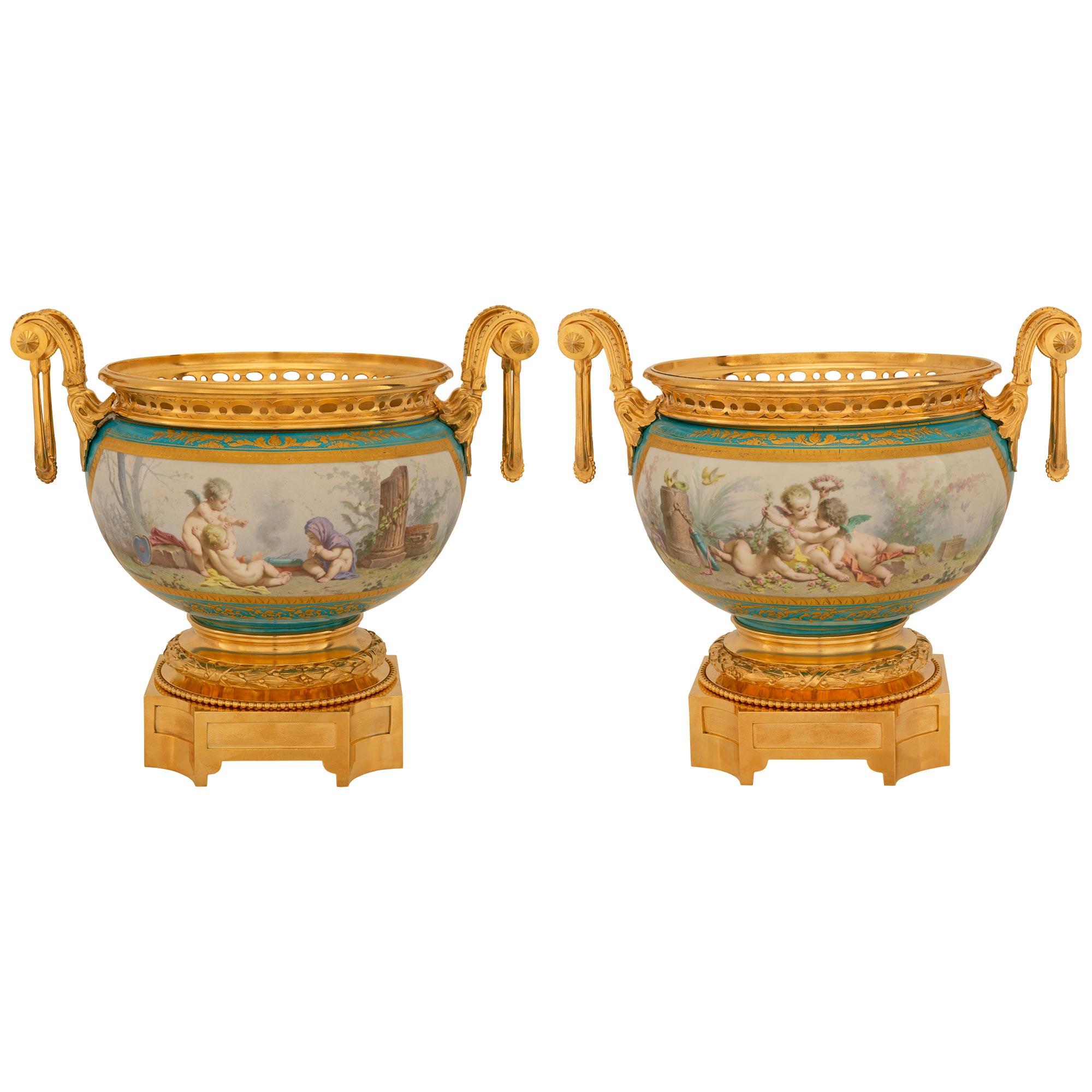 Pair Of French 19th Century Louis XVI St. Sèvres Porcelain and Ormolu Vases For Sale 10