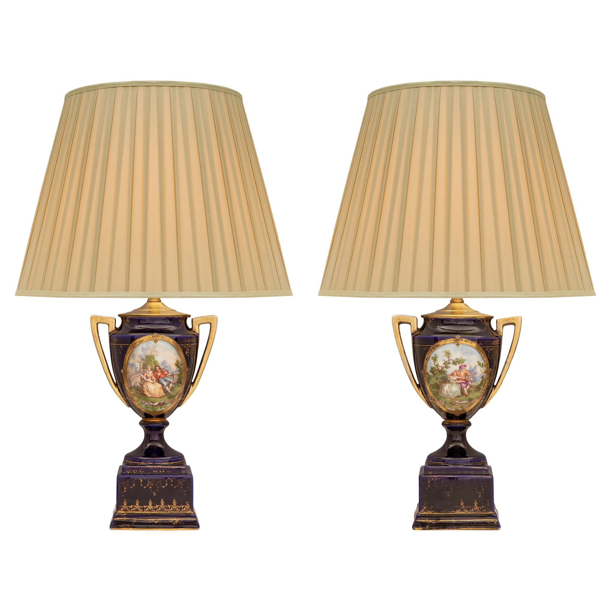Pair of French 19th Century Louis XVI St. Sèvres Porcelain Lamps For Sale