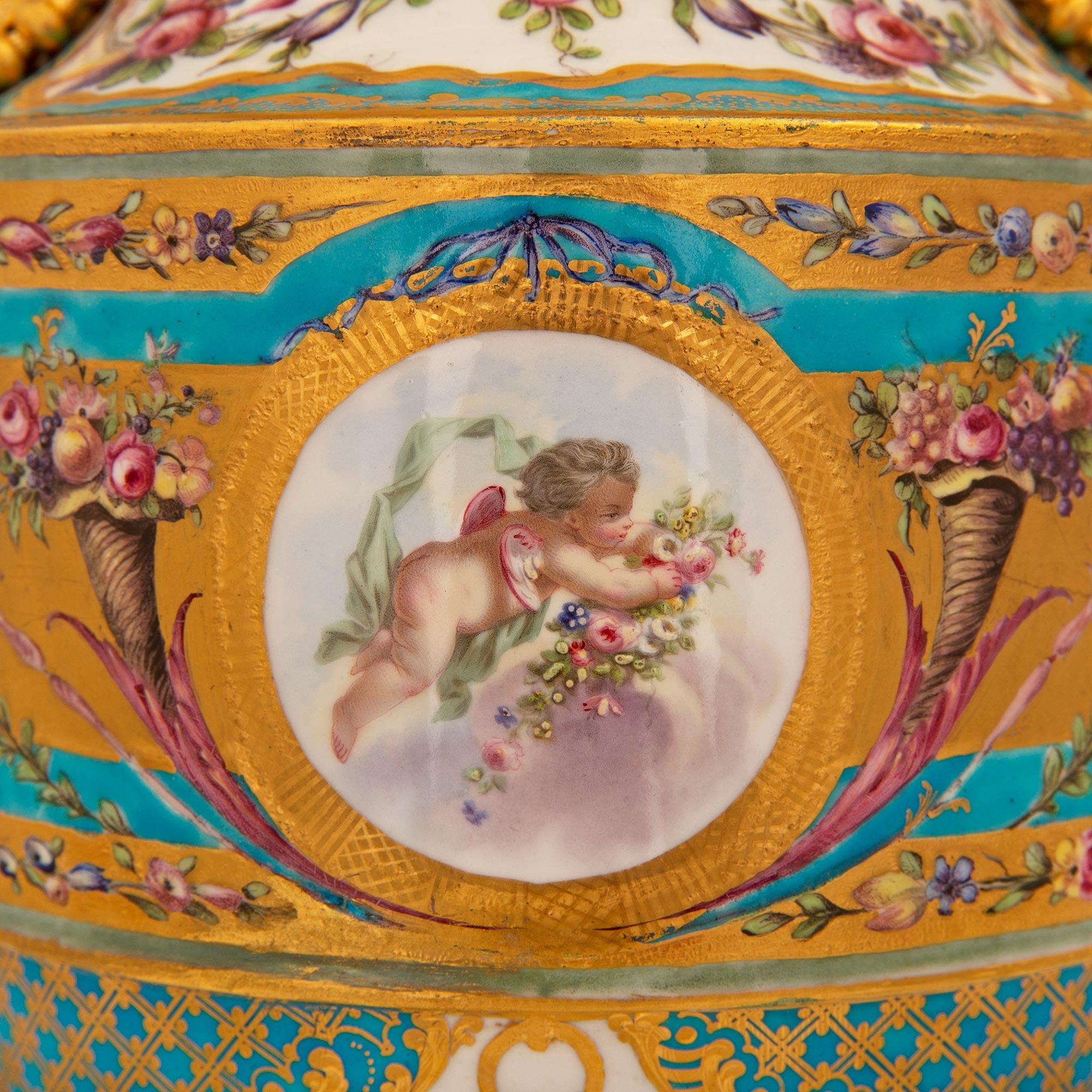 Pair of French 19th Century Louis XVI St. Sèvres Porcelain & Ormolu Lidded Urns For Sale 7