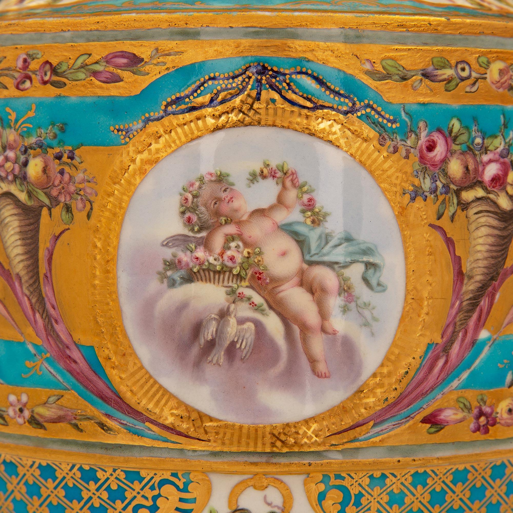 Pair of French 19th Century Louis XVI St. Sèvres Porcelain & Ormolu Lidded Urns For Sale 8