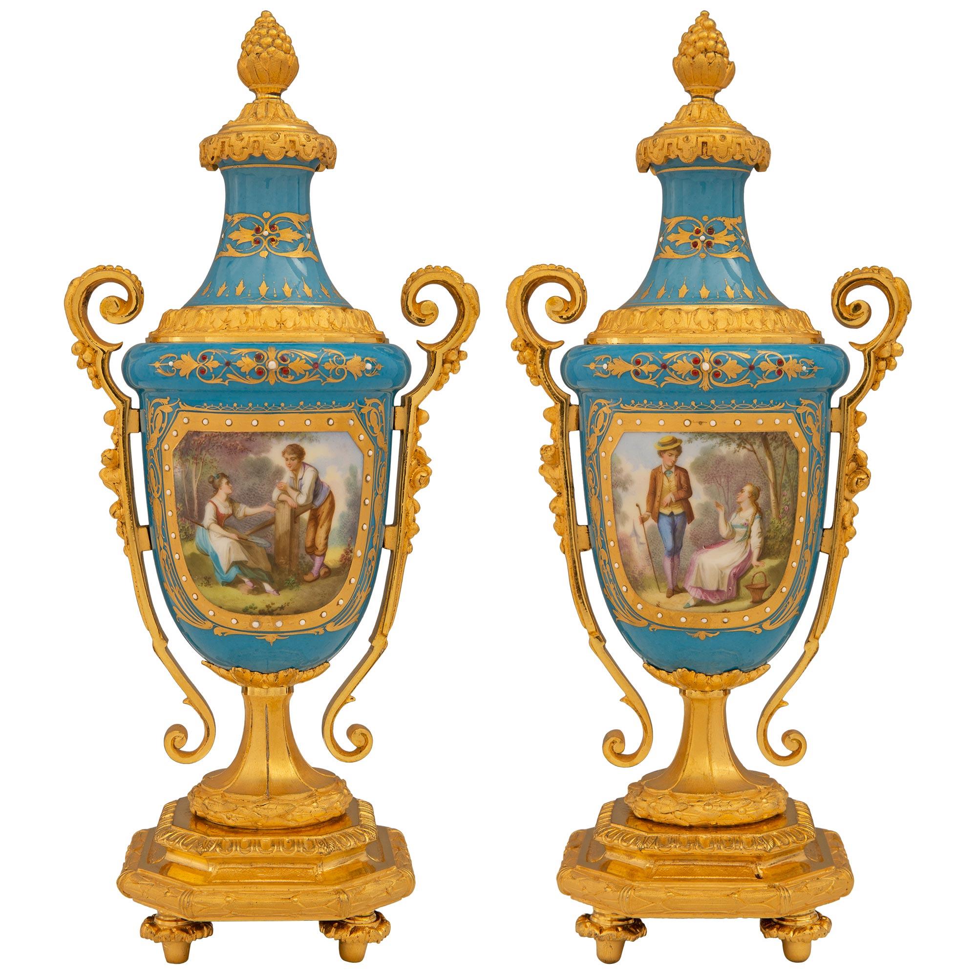 Pair Of French 19th Century Louis XVI St. Sèvres Porcelain & Ormolu Lidded Urns For Sale 8