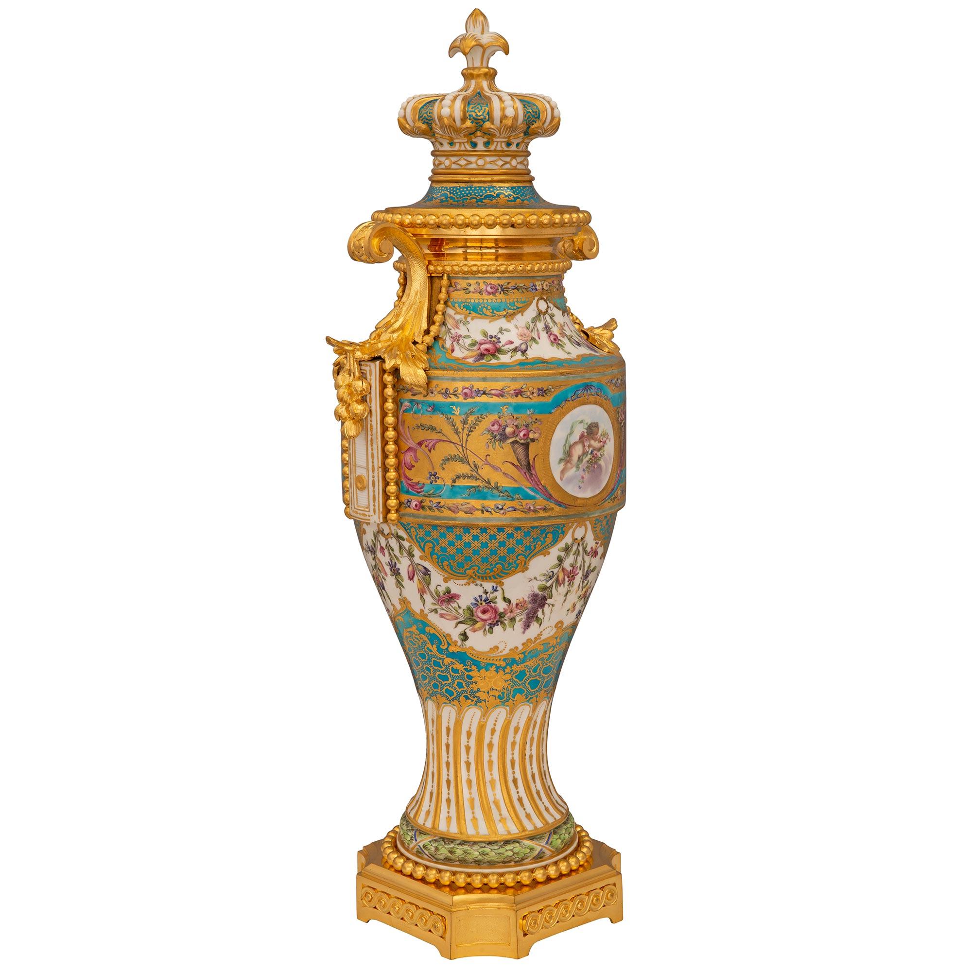 Pair of French 19th Century Louis XVI St. Sèvres Porcelain & Ormolu Lidded Urns In Good Condition For Sale In West Palm Beach, FL