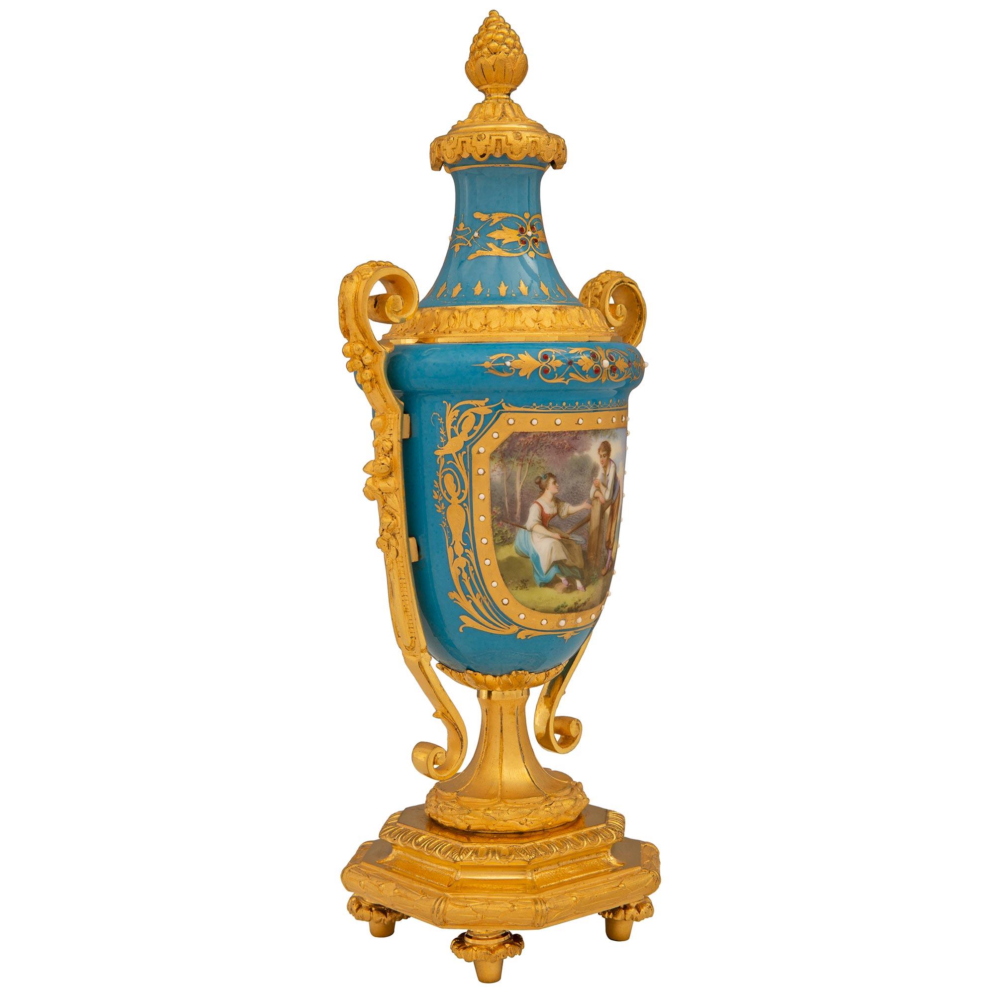 Pair Of French 19th Century Louis XVI St. Sèvres Porcelain & Ormolu Lidded Urns In Good Condition For Sale In West Palm Beach, FL