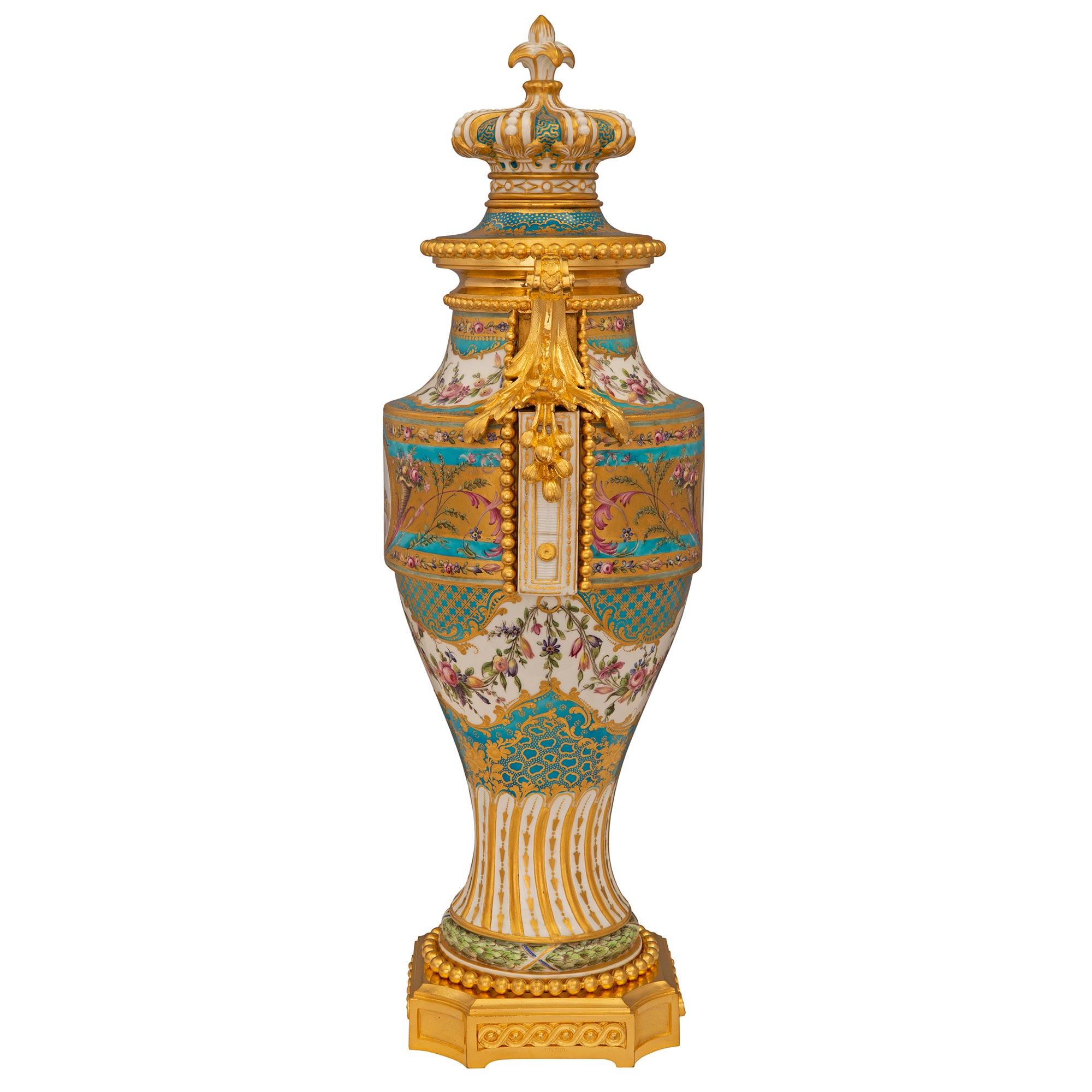 Pair of French 19th Century Louis XVI St. Sèvres Porcelain & Ormolu Lidded Urns For Sale 1
