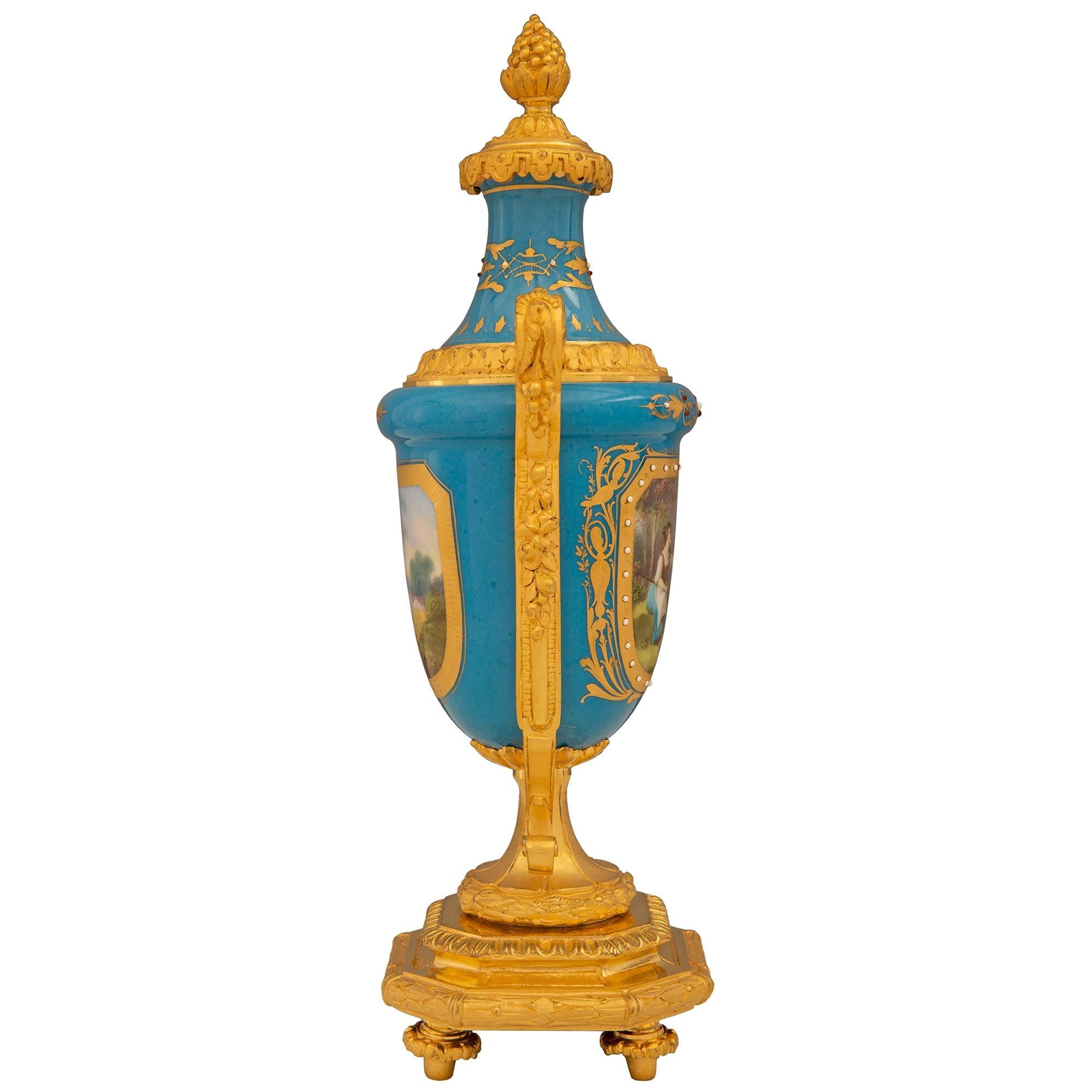 Pair Of French 19th Century Louis XVI St. Sèvres Porcelain & Ormolu Lidded Urns For Sale 1