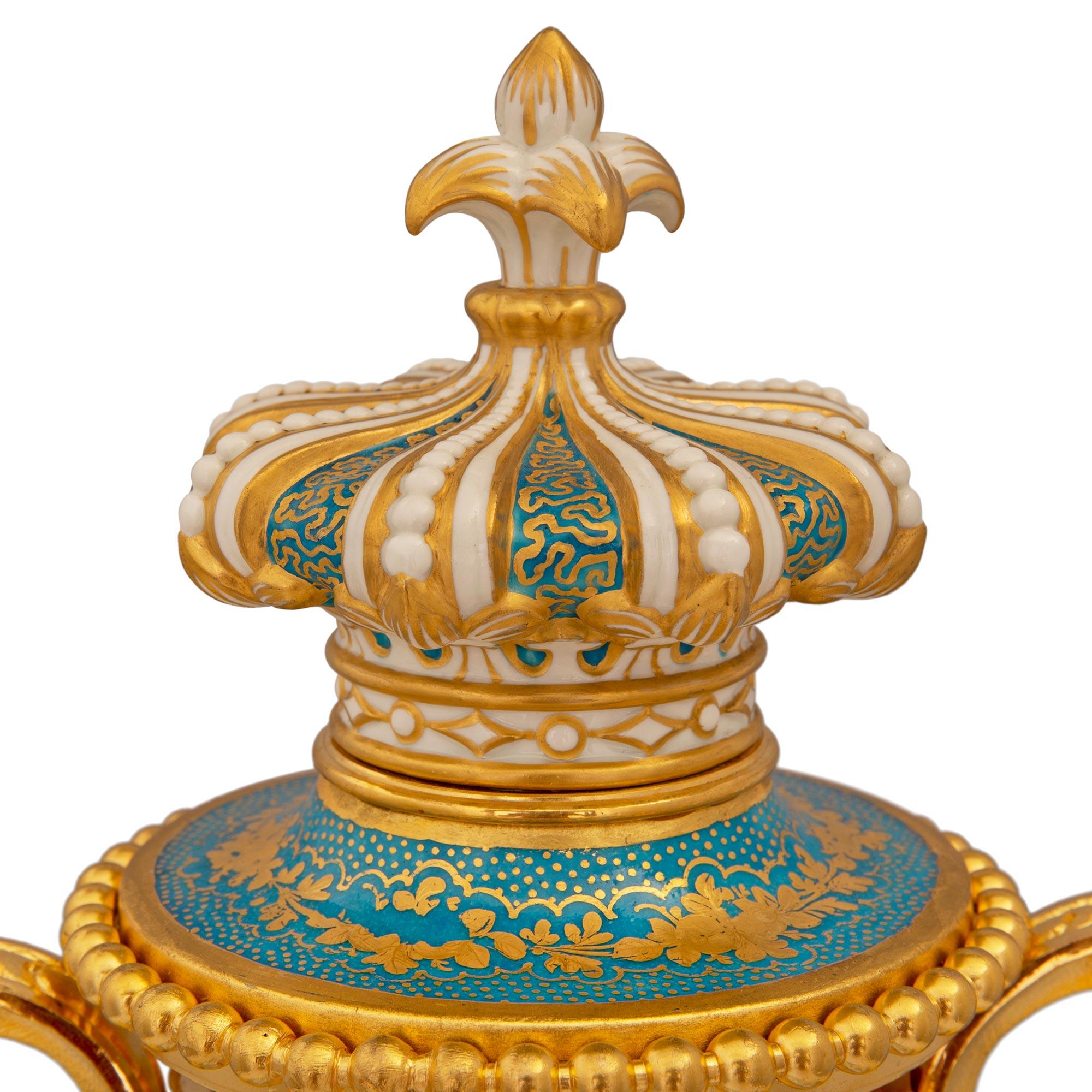 Pair of French 19th Century Louis XVI St. Sèvres Porcelain & Ormolu Lidded Urns For Sale 2
