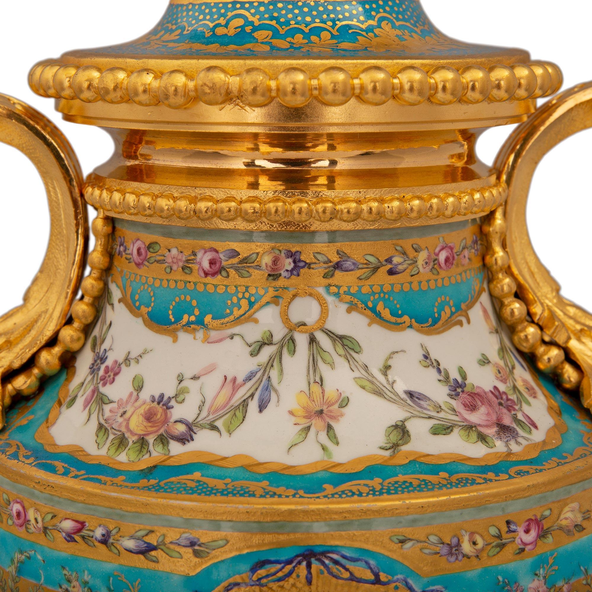 Pair of French 19th Century Louis XVI St. Sèvres Porcelain & Ormolu Lidded Urns For Sale 3