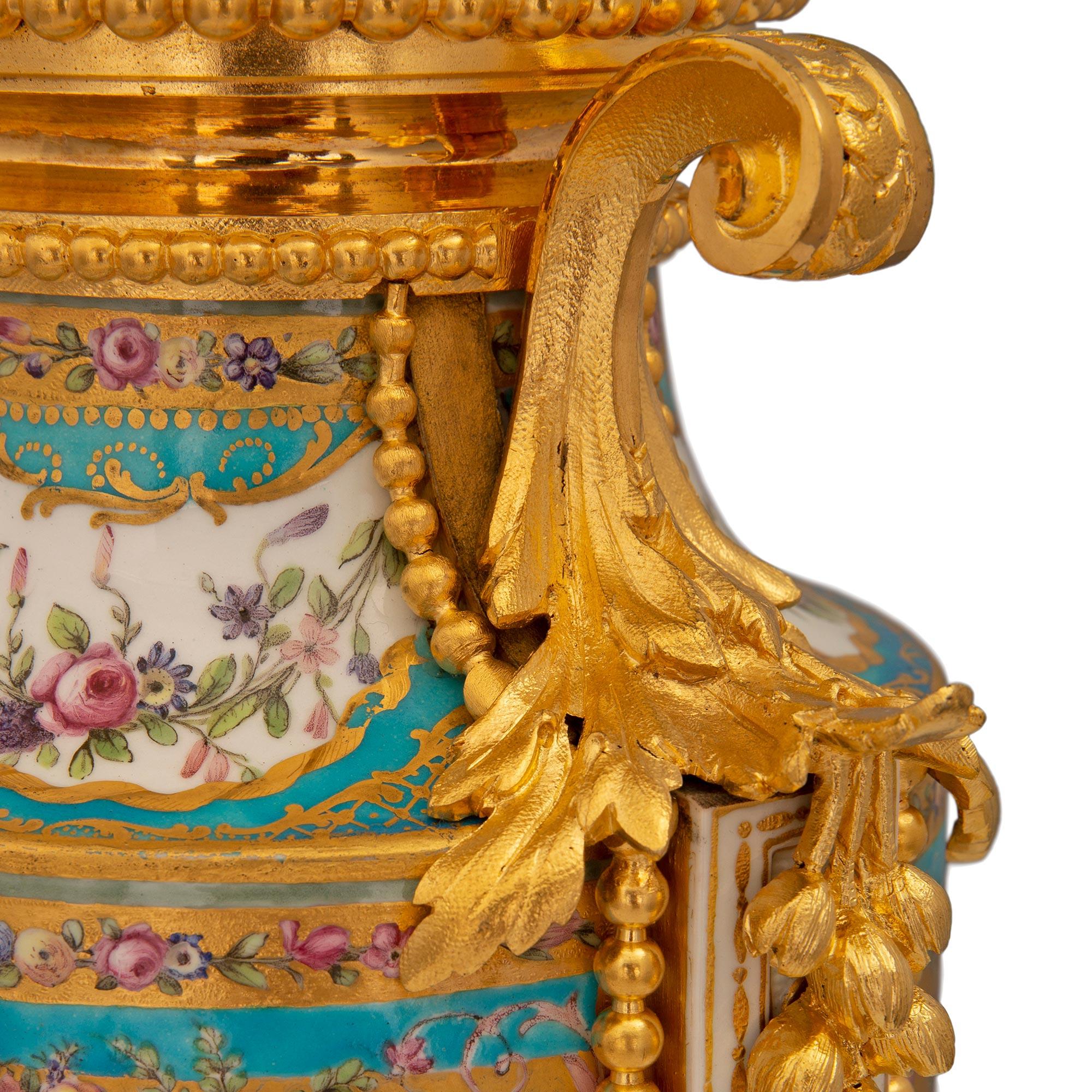 Pair of French 19th Century Louis XVI St. Sèvres Porcelain & Ormolu Lidded Urns For Sale 4