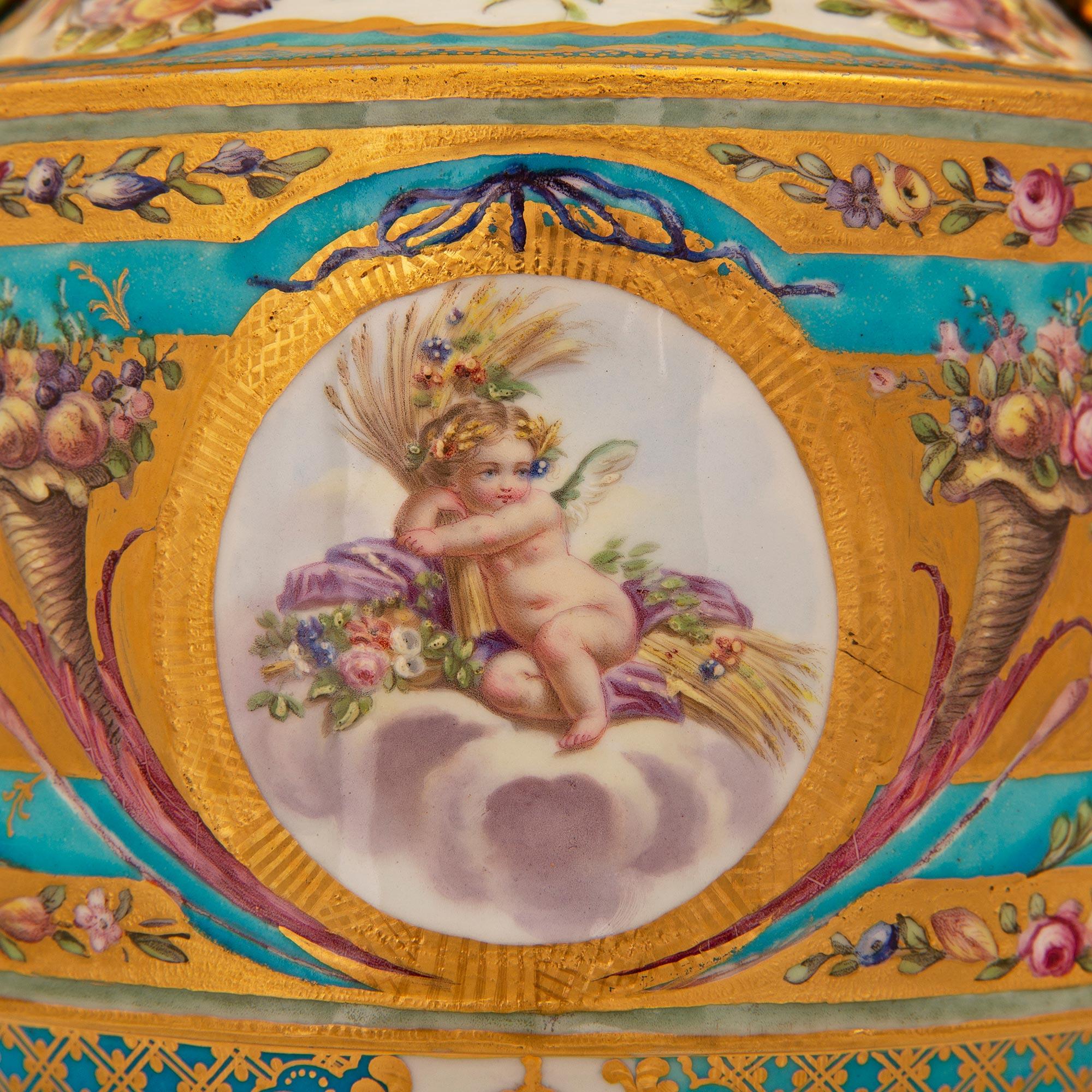 Pair of French 19th Century Louis XVI St. Sèvres Porcelain & Ormolu Lidded Urns For Sale 5