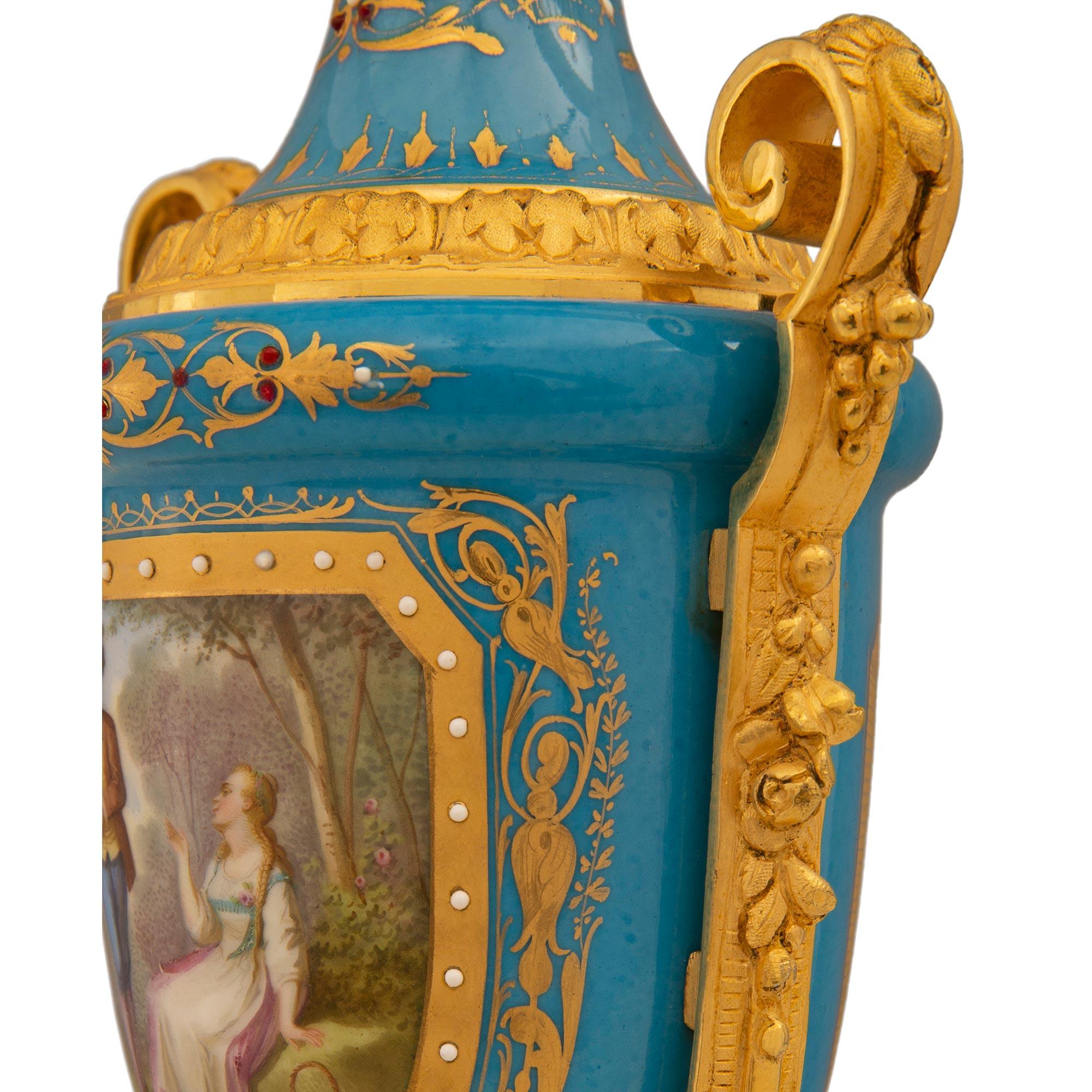 Pair Of French 19th Century Louis XVI St. Sèvres Porcelain & Ormolu Lidded Urns For Sale 6