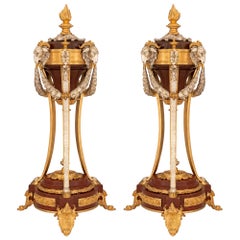Pair of French 19th Century Louis XVI St. Silvered Bronze and Marble Cassolettes