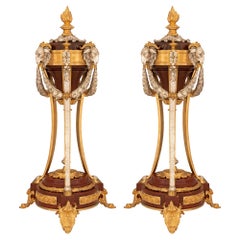 Pair of French 19th Century Louis XVI St. Silvered Bronze and Marble Cassolettes
