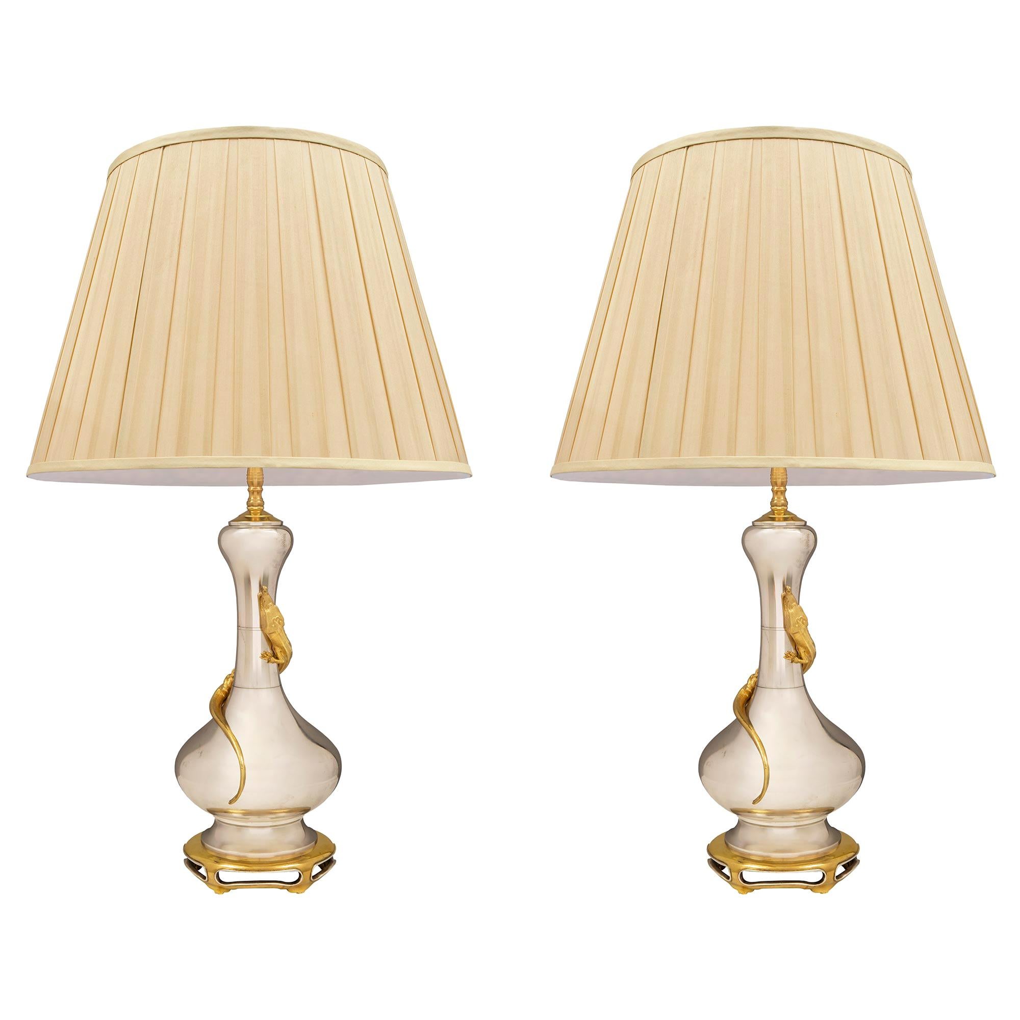 Pair of French 19th Century Louis XVI St. Silvered Bronze and Ormolu Lamps For Sale