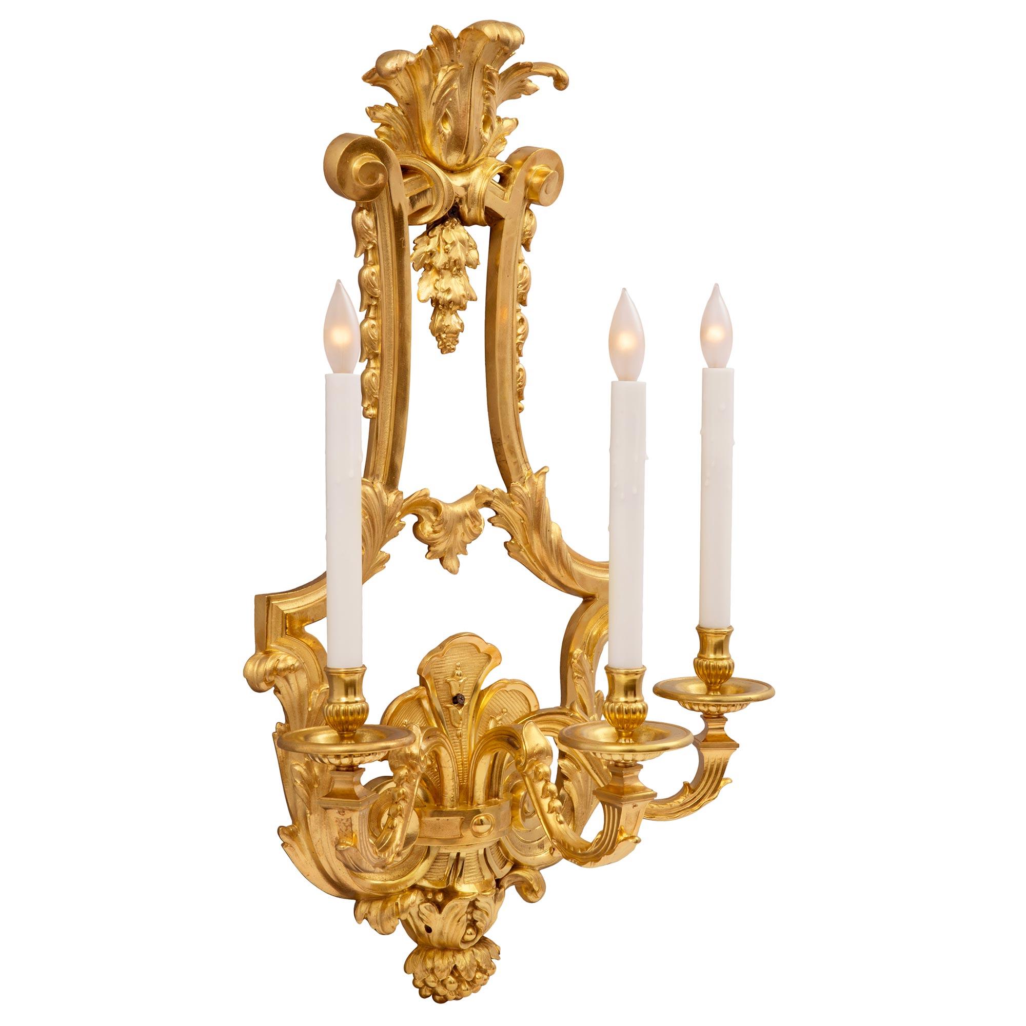 Pair of French 19th Century Louis XVI St. Three Arm Ormolu Sconces In Good Condition For Sale In West Palm Beach, FL