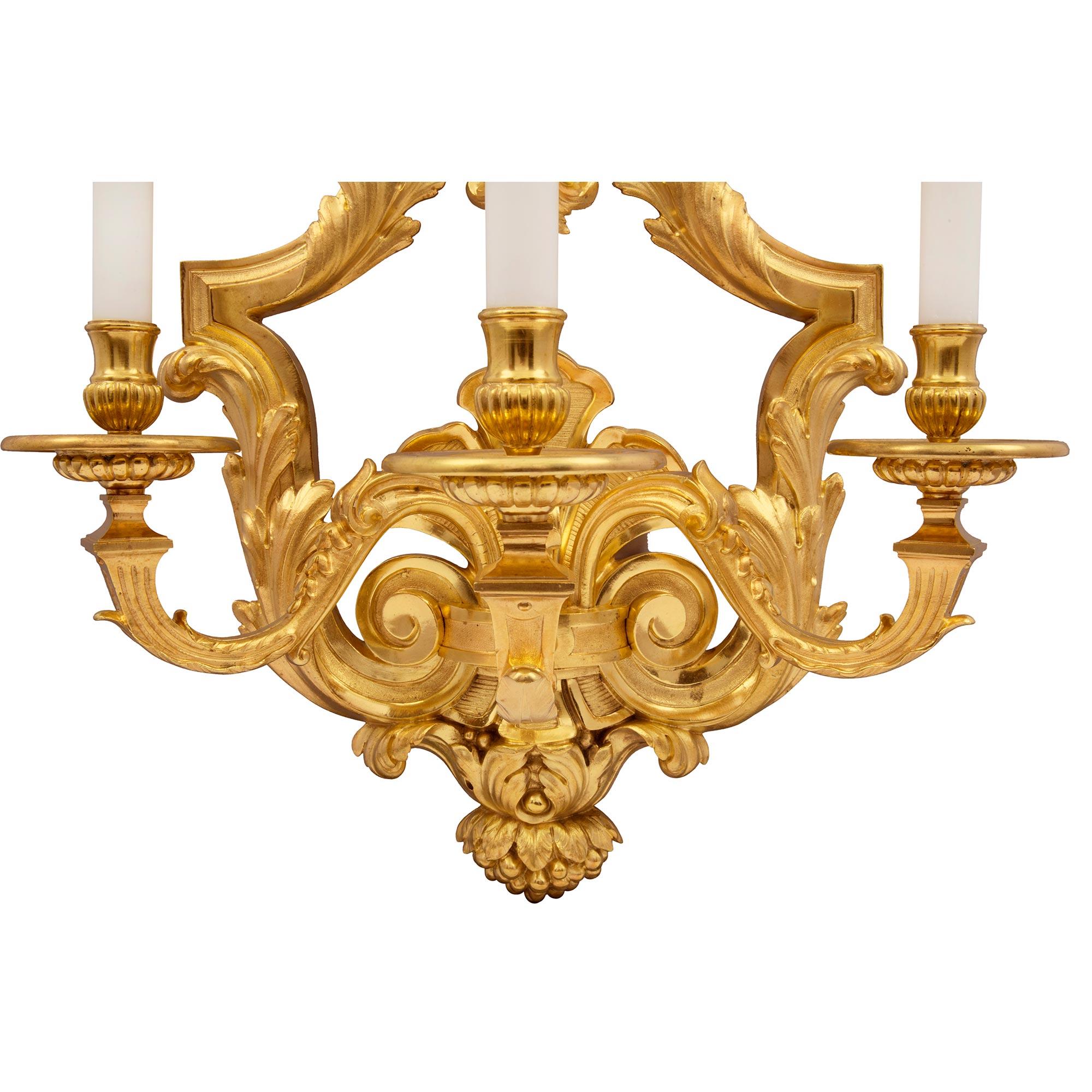 Pair of French 19th Century Louis XVI St. Three Arm Ormolu Sconces For Sale 4