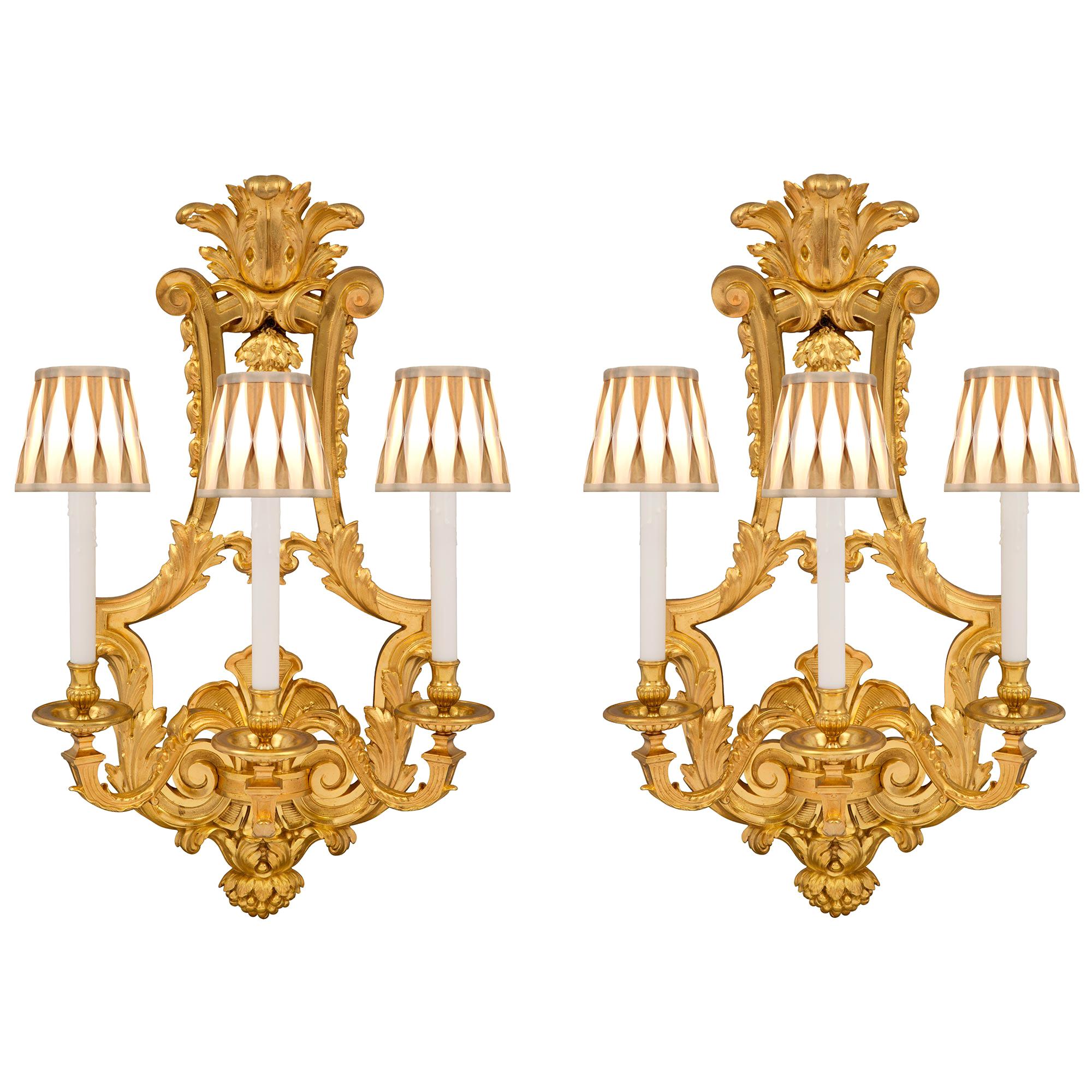 Pair of French 19th Century Louis XVI St. Three Arm Ormolu Sconces