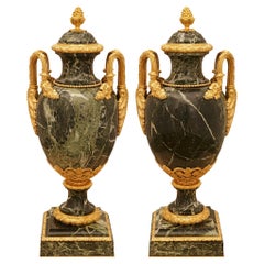 pair of French 19th century Louis XVI st. Verde Antico Marble and Ormolu urns