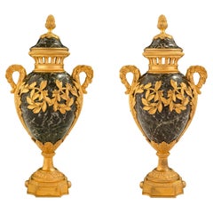 Pair of French 19th Century Louis XVI St. Vert Antique Marble and Ormolu Urns