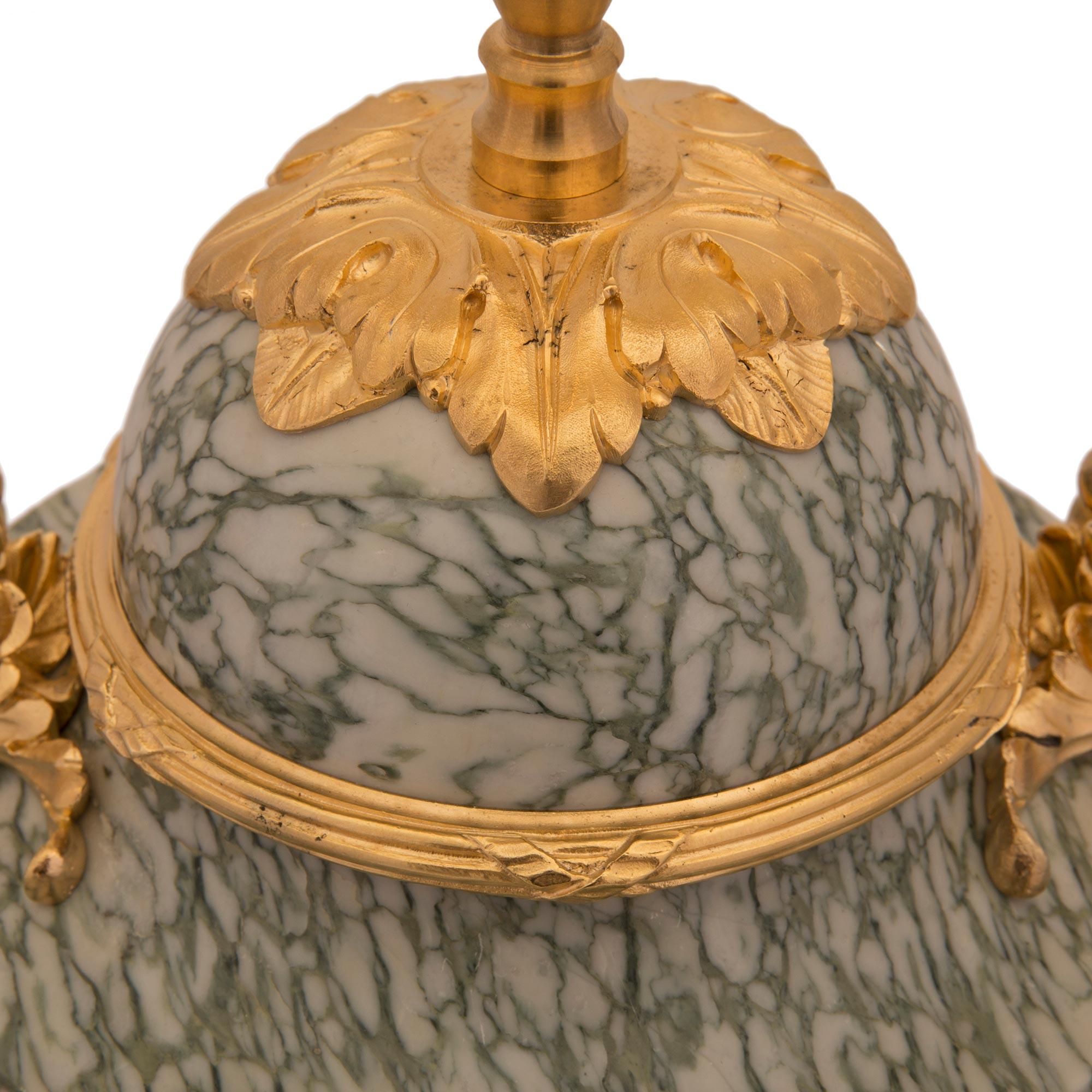 Pair of French 19th Century Louis XVI St. Vert Campan Marble and Ormolu Lamps In Good Condition For Sale In West Palm Beach, FL