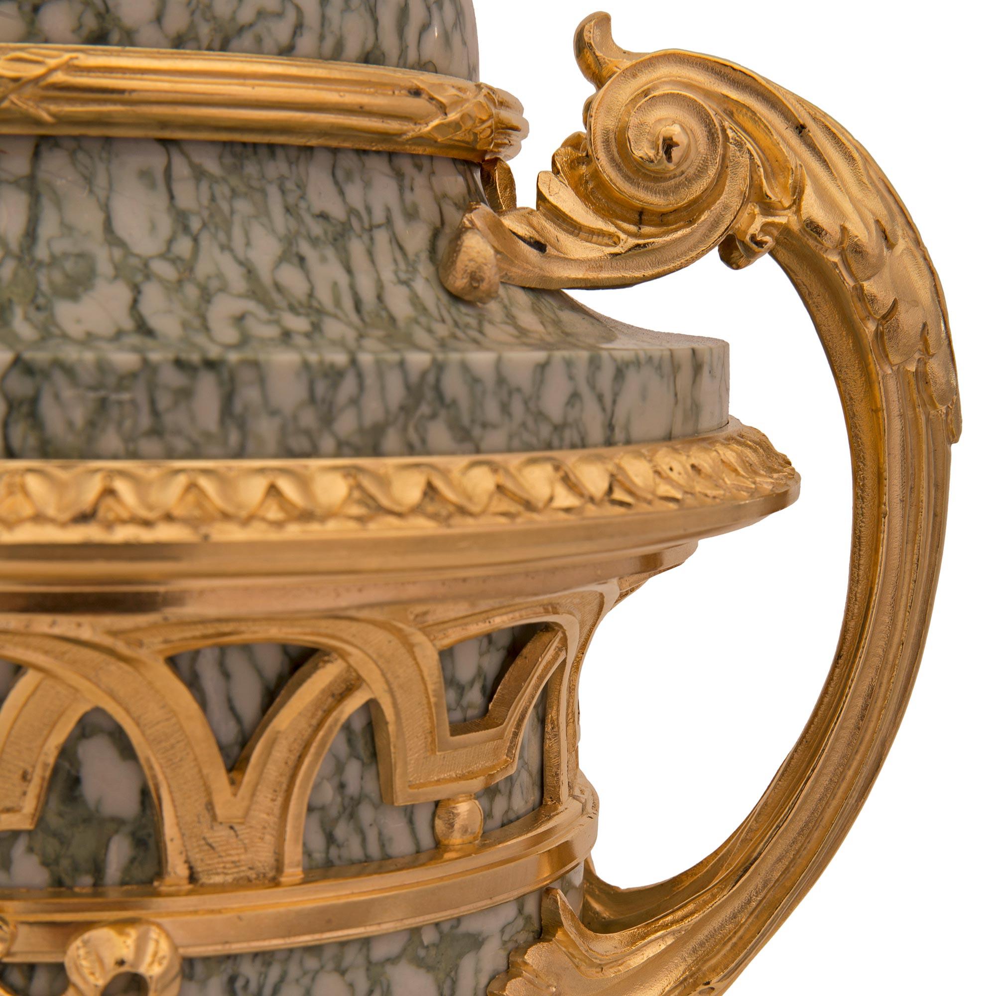 Pair of French 19th Century Louis XVI St. Vert Campan Marble and Ormolu Lamps For Sale 2