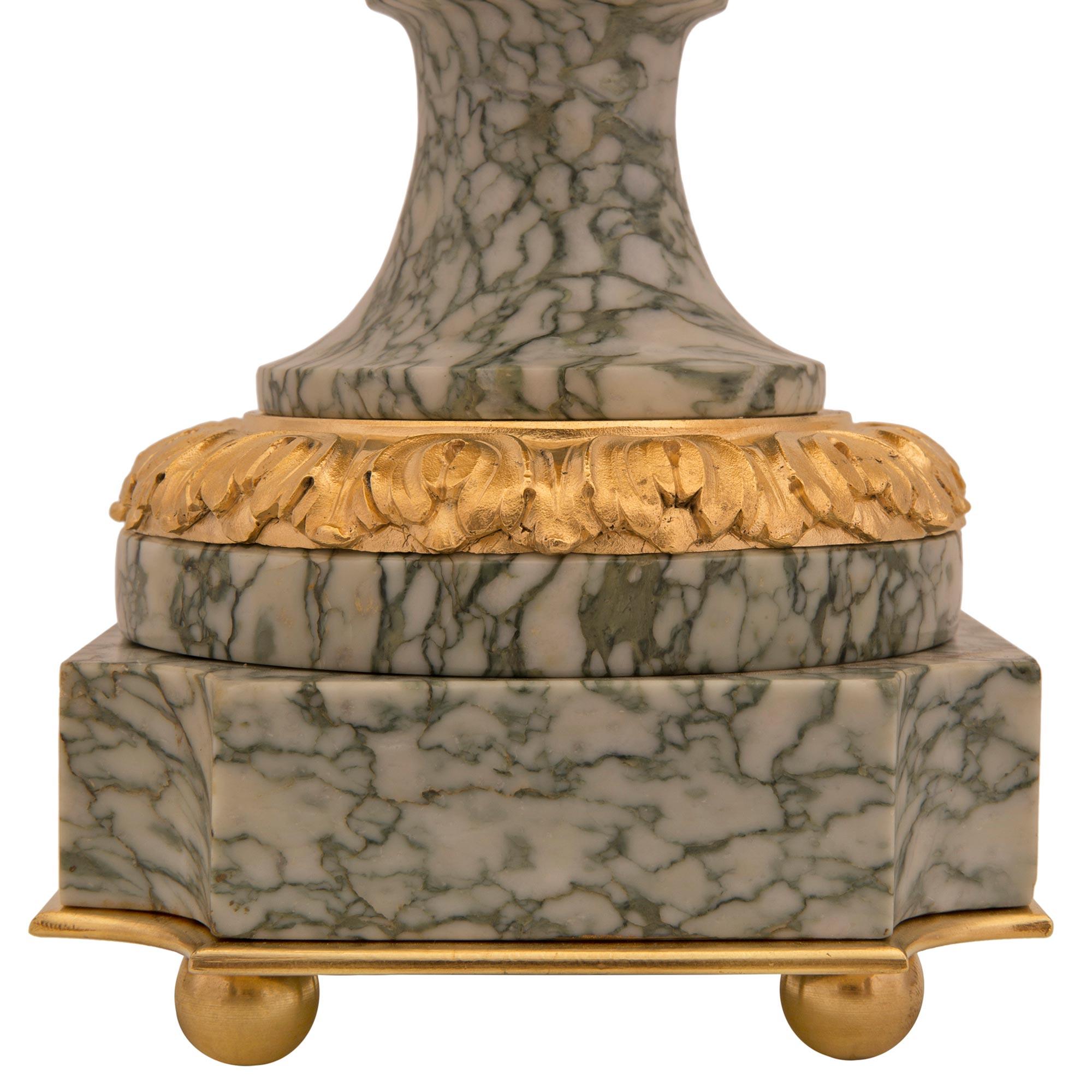 Pair of French 19th Century Louis XVI St. Vert Campan Marble and Ormolu Lamps For Sale 5