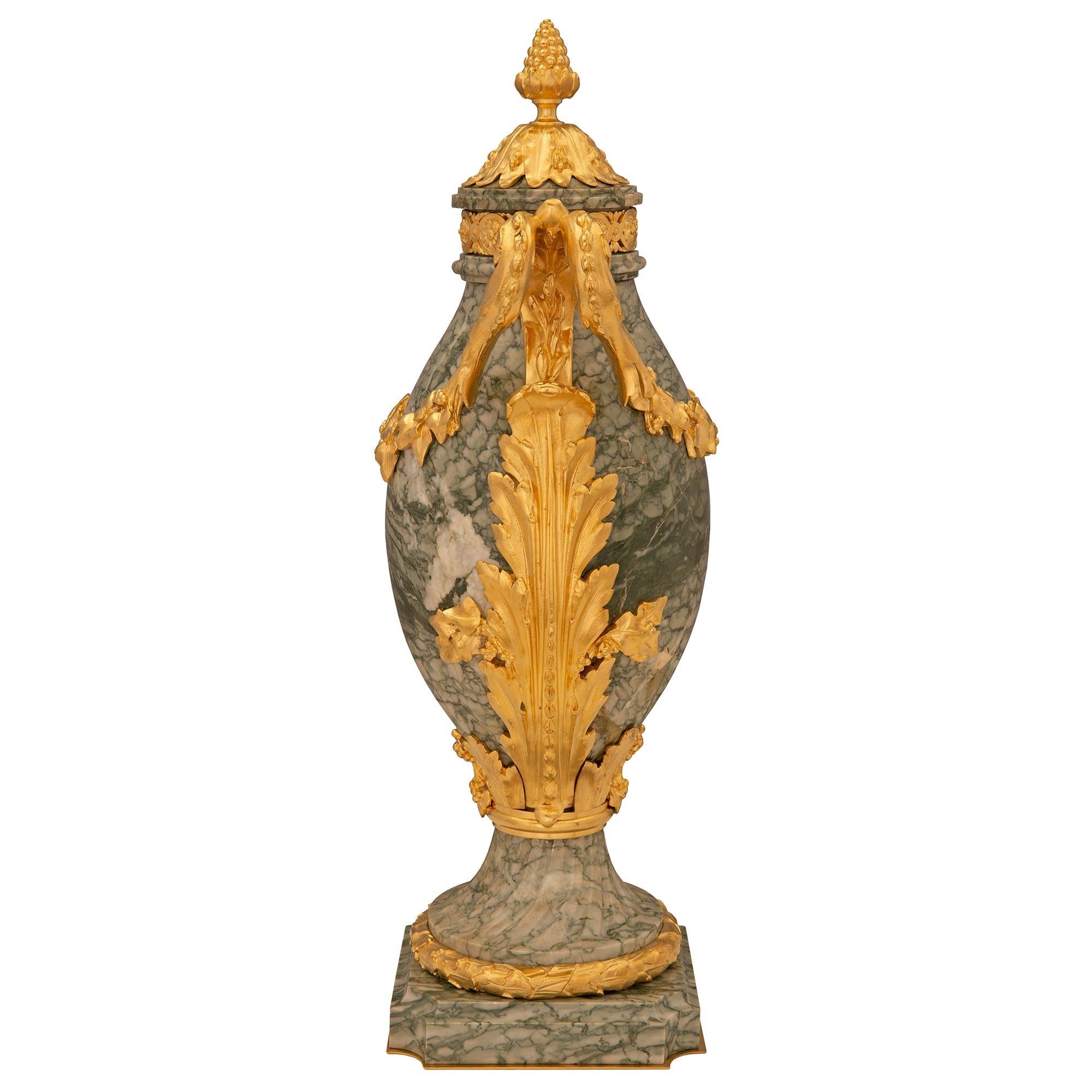 Pair Of French 19th Century Louis XVI St. Vert Campan Marble And Ormolu Urns In Good Condition For Sale In West Palm Beach, FL