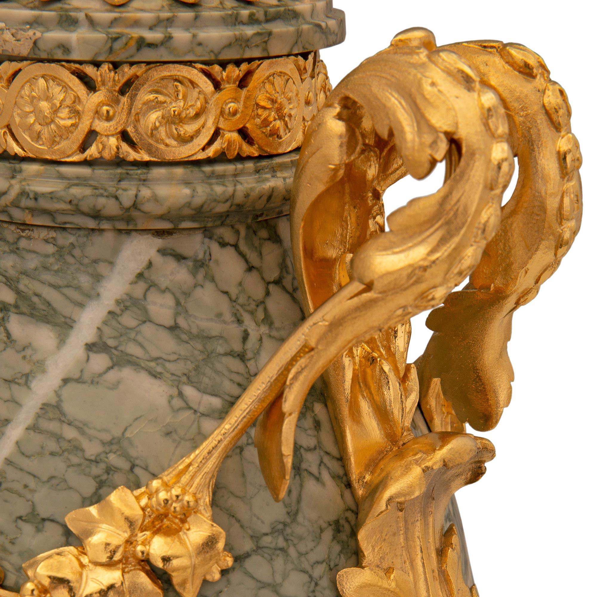 Pair Of French 19th Century Louis XVI St. Vert Campan Marble And Ormolu Urns For Sale 2