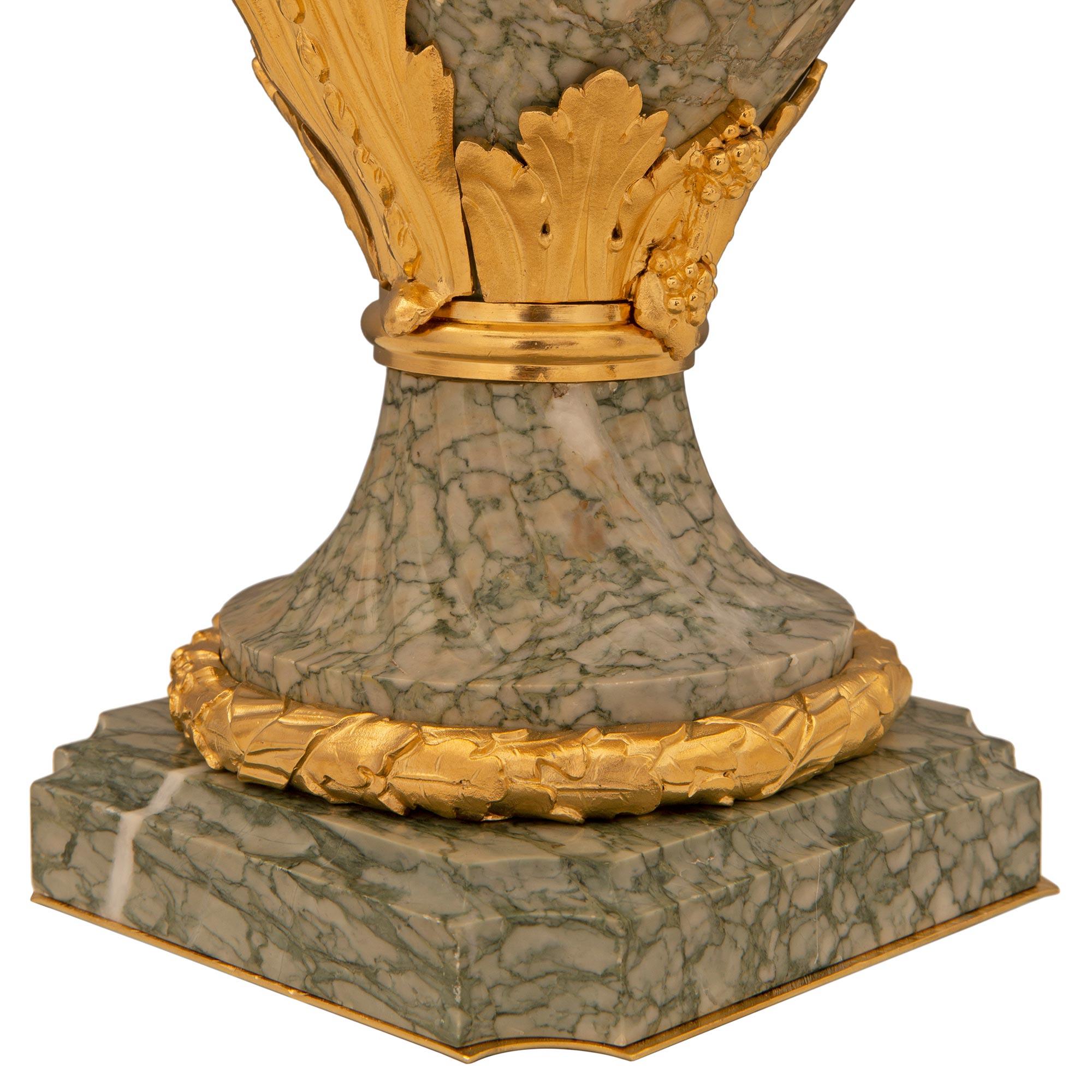 Pair Of French 19th Century Louis XVI St. Vert Campan Marble And Ormolu Urns For Sale 5