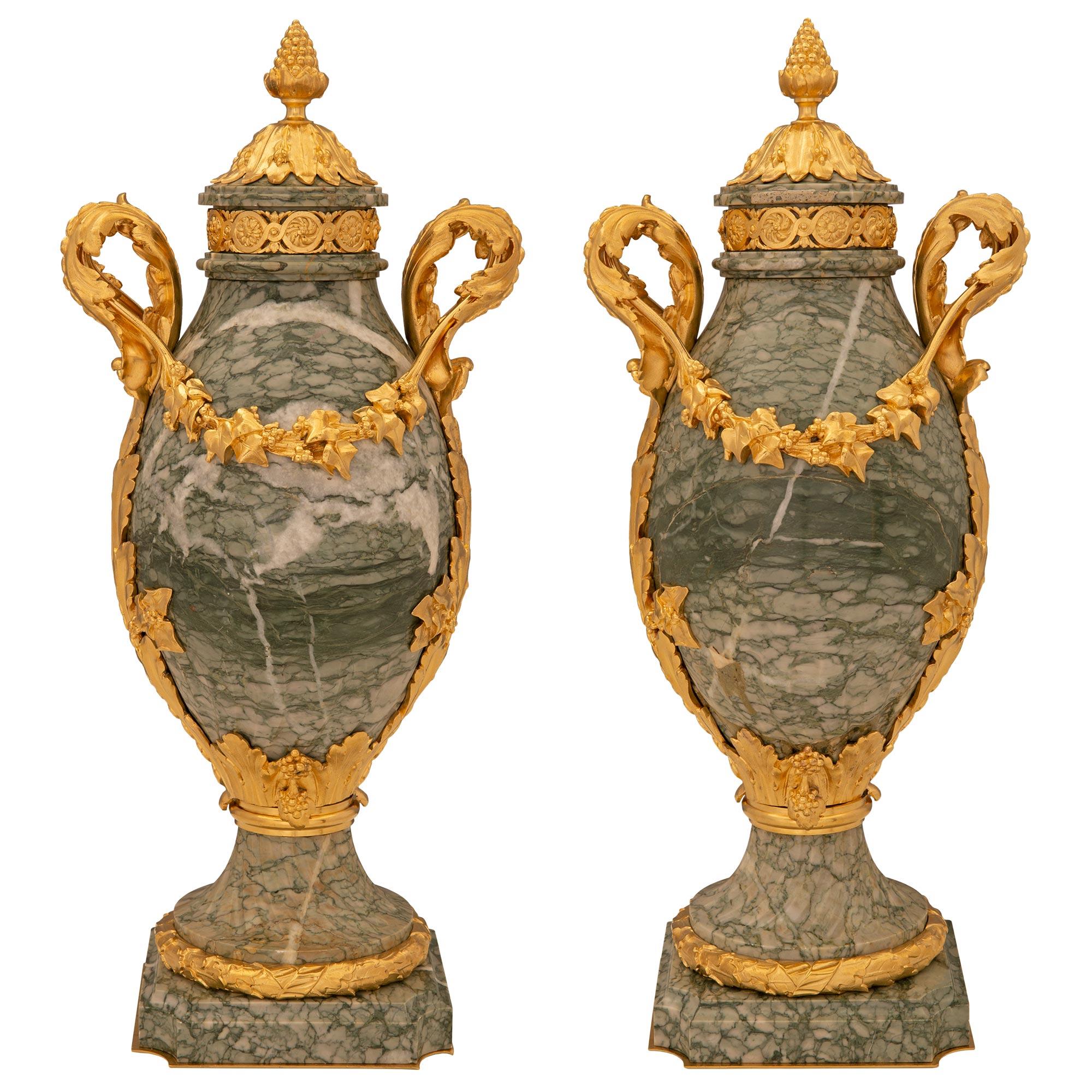 Pair Of French 19th Century Louis XVI St. Vert Campan Marble And Ormolu Urns For Sale 6