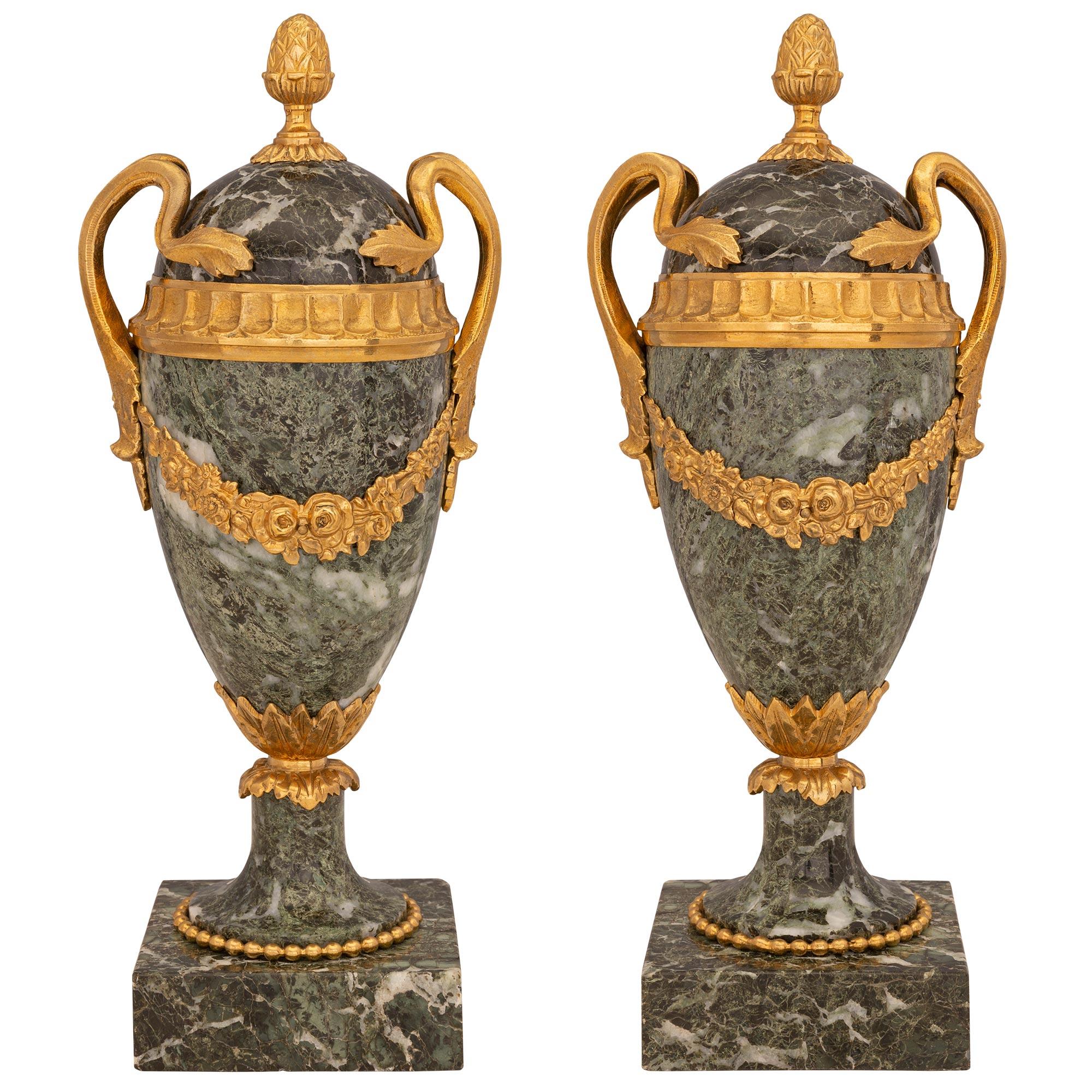 Pair of French 19th Century Louis XVI St. Vert De Maurin Marble and Ormolu Urns