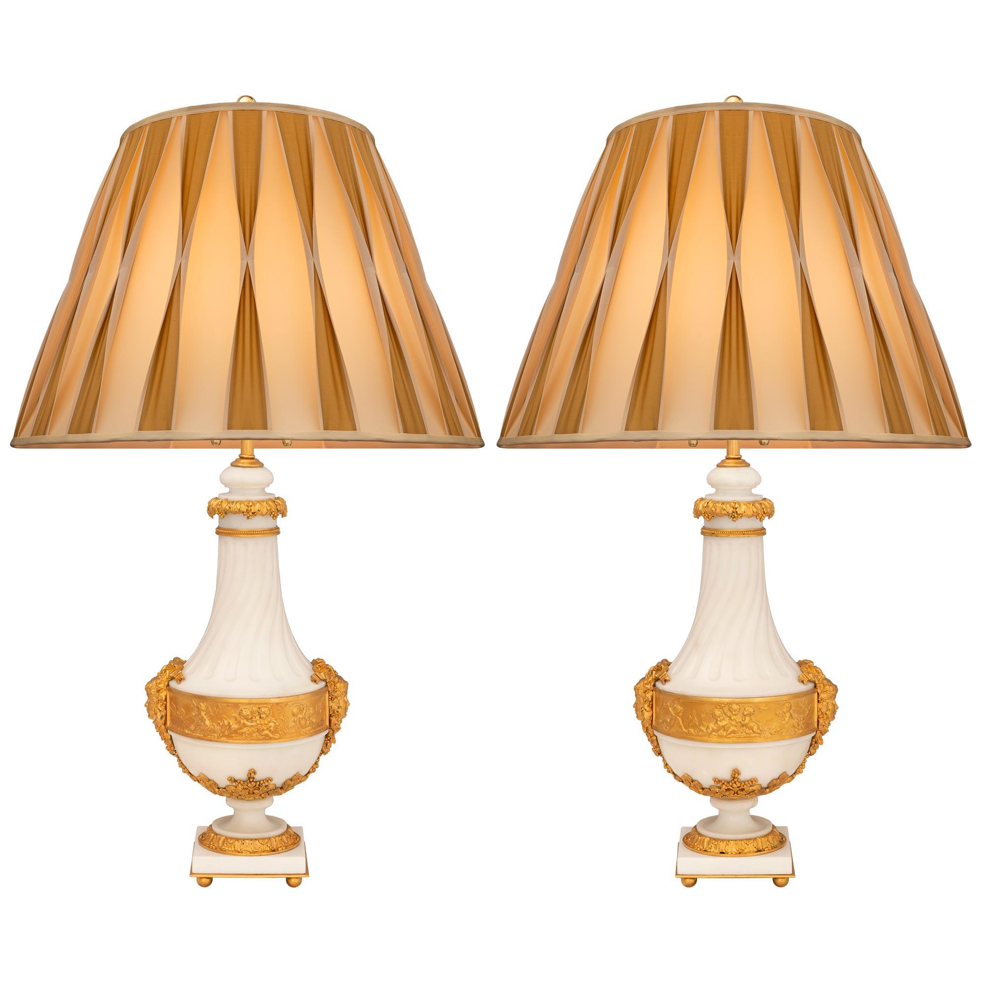 Pair of French 19th Century Louis XVI St. White Carrara Marble and Ormolu Lamps 7