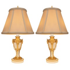 Pair of French 19th Century Louis XVI St. White Carrara Marble and Ormolu Lamps