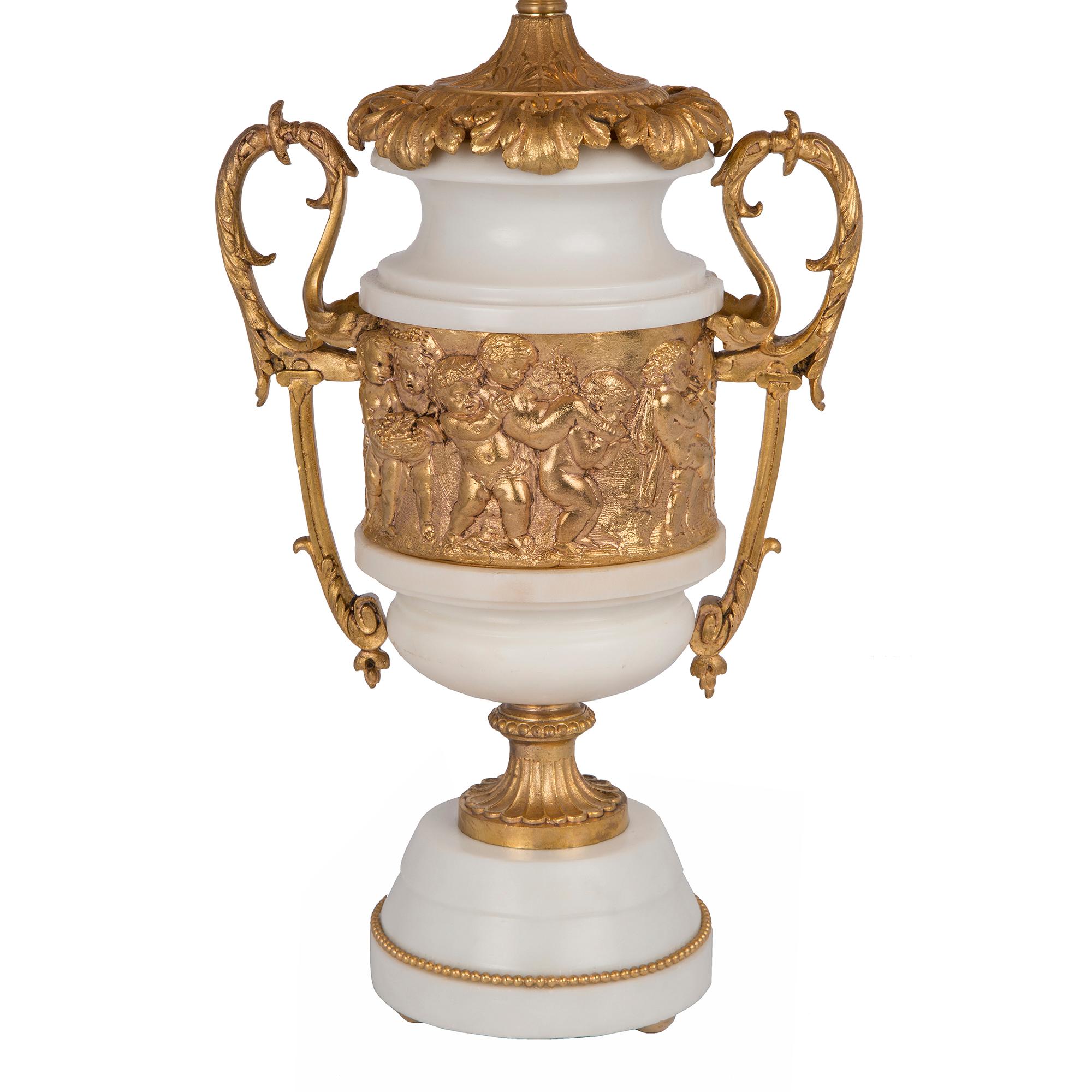 Pair of French 19th Century Louis XVI St. White Carrara Marble and Ormolu Lamps For Sale 1