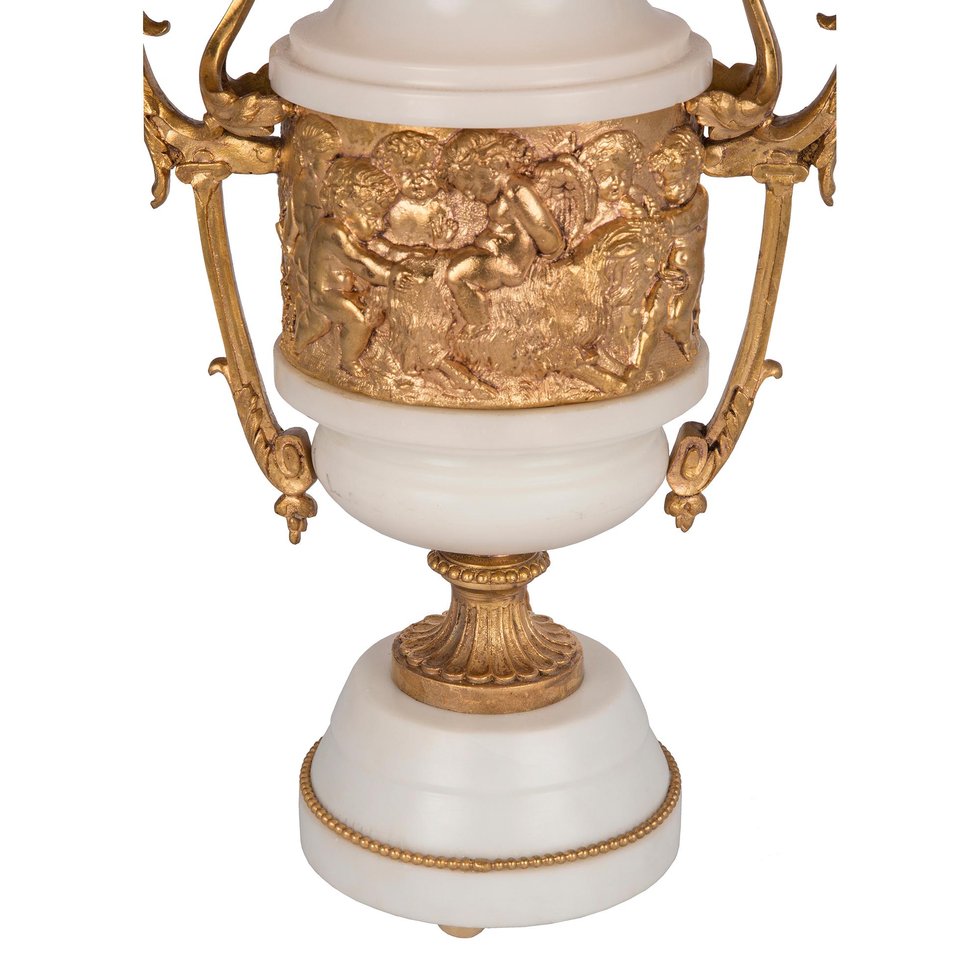 Pair of French 19th Century Louis XVI St. White Carrara Marble and Ormolu Lamps For Sale 3
