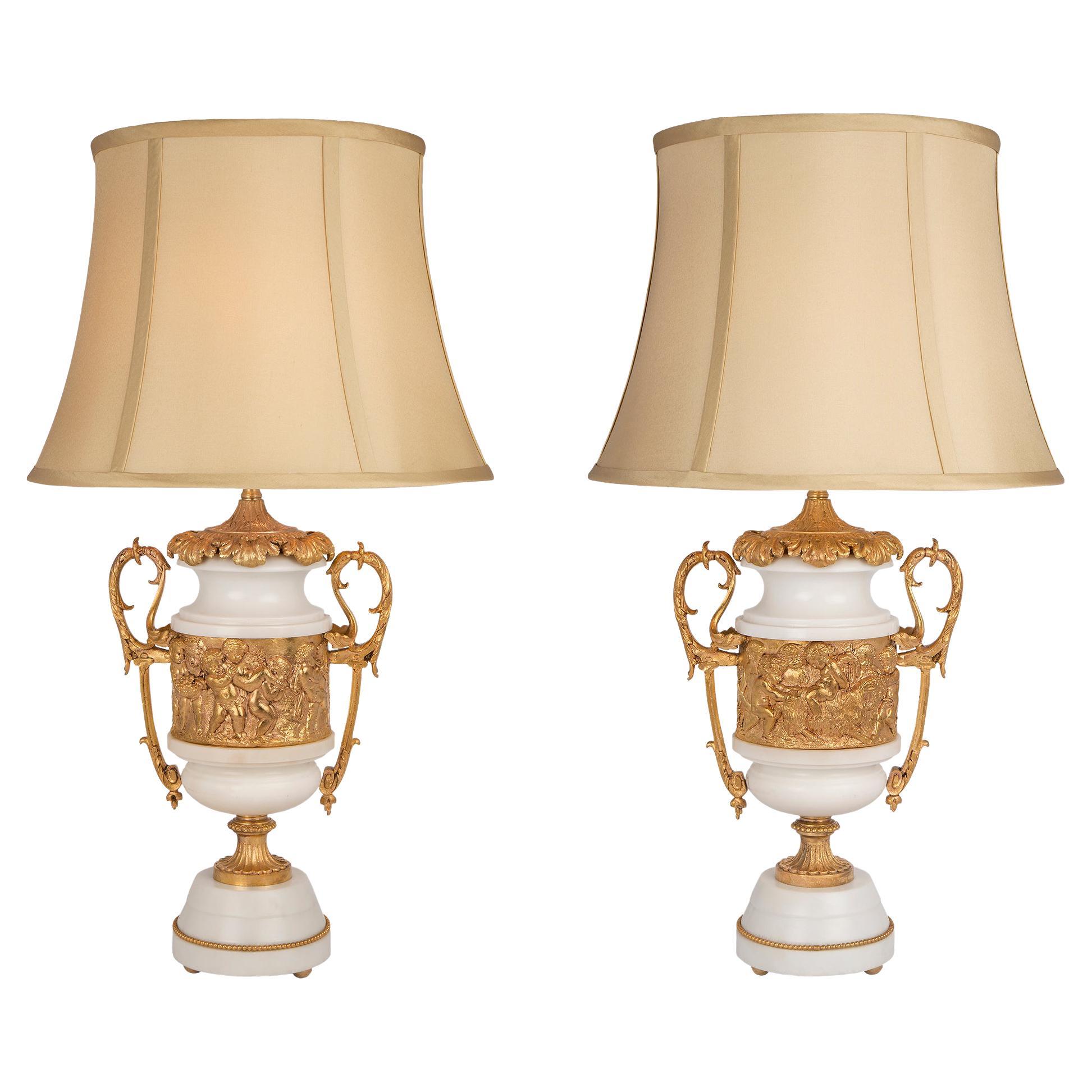Pair of French 19th Century Louis XVI St. White Carrara Marble and Ormolu Lamps For Sale