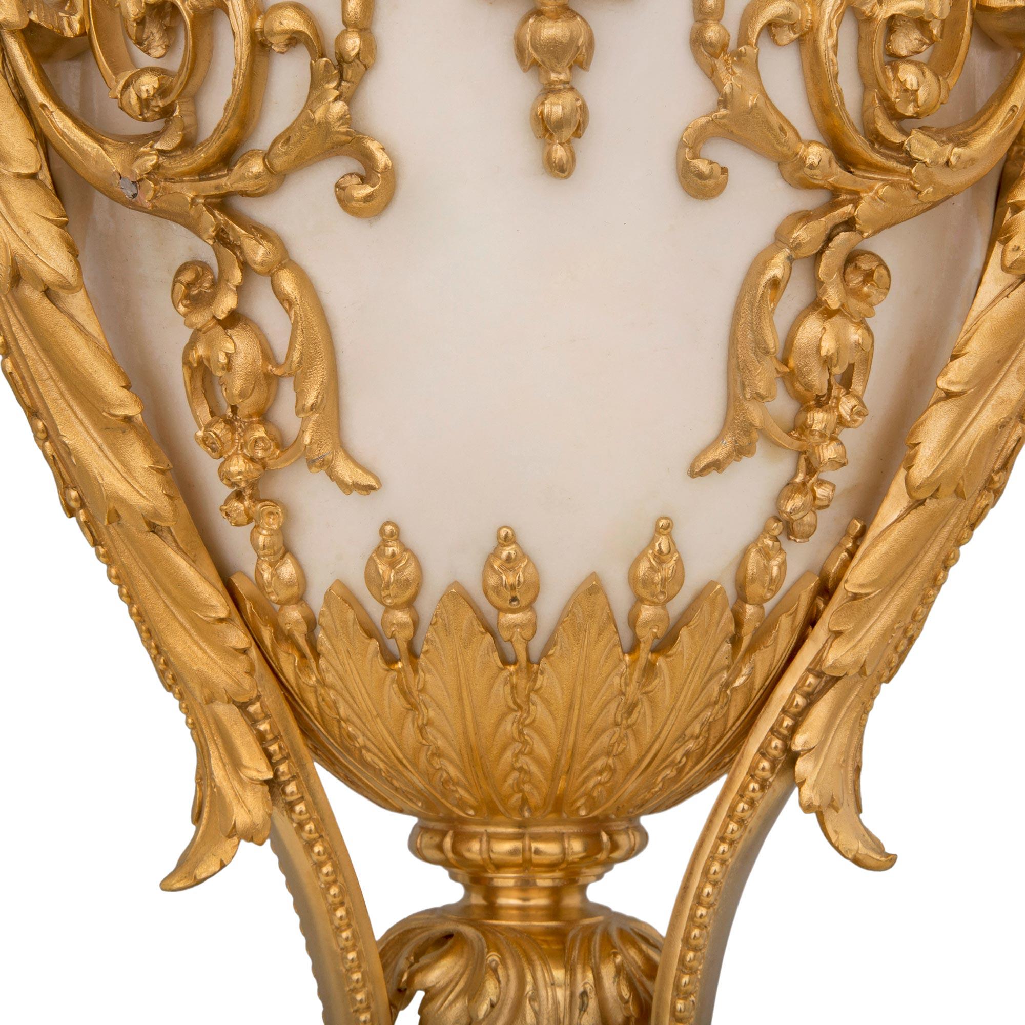 Pair of French 19th Century Louis XVI St. White Carrara Marble and Ormolu Urns For Sale 2