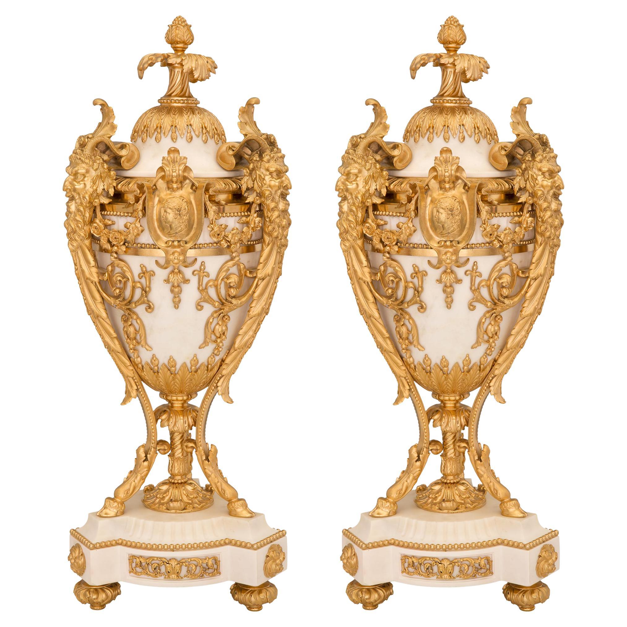 Pair of French 19th Century Louis XVI St. White Carrara Marble and Ormolu Urns For Sale