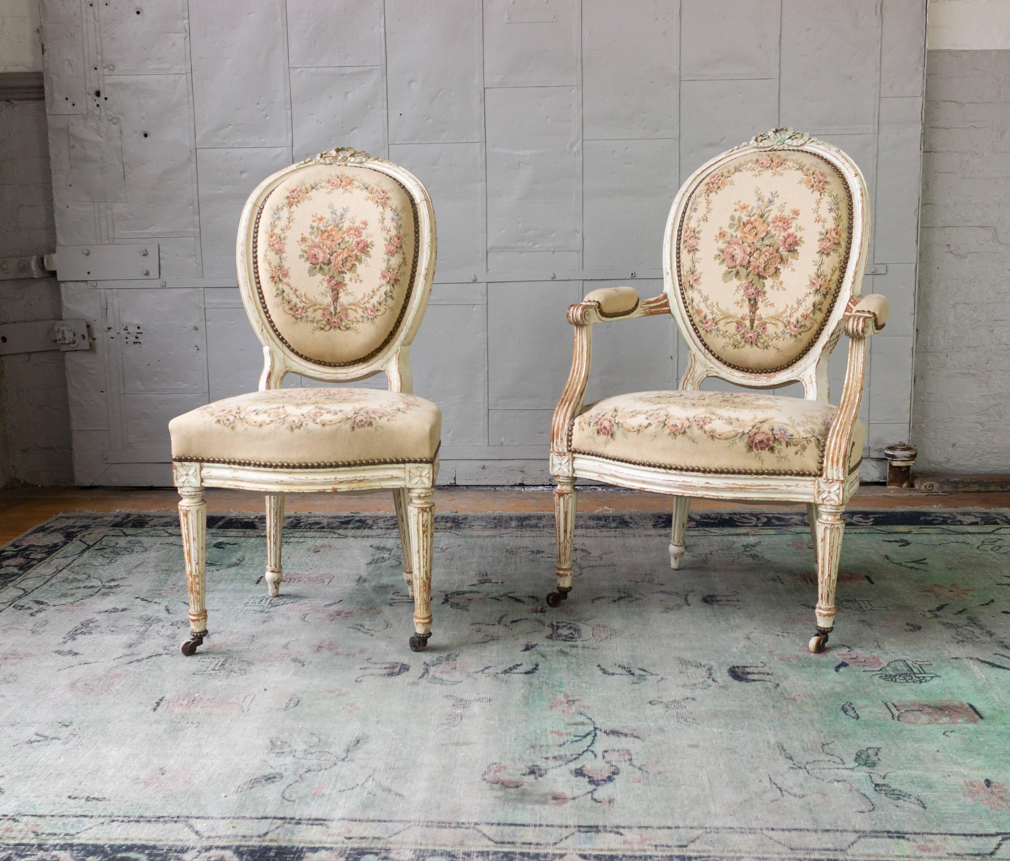 Pair of French 19th Century Louis XVI Style Armchairs in Petit Point Fabric 4