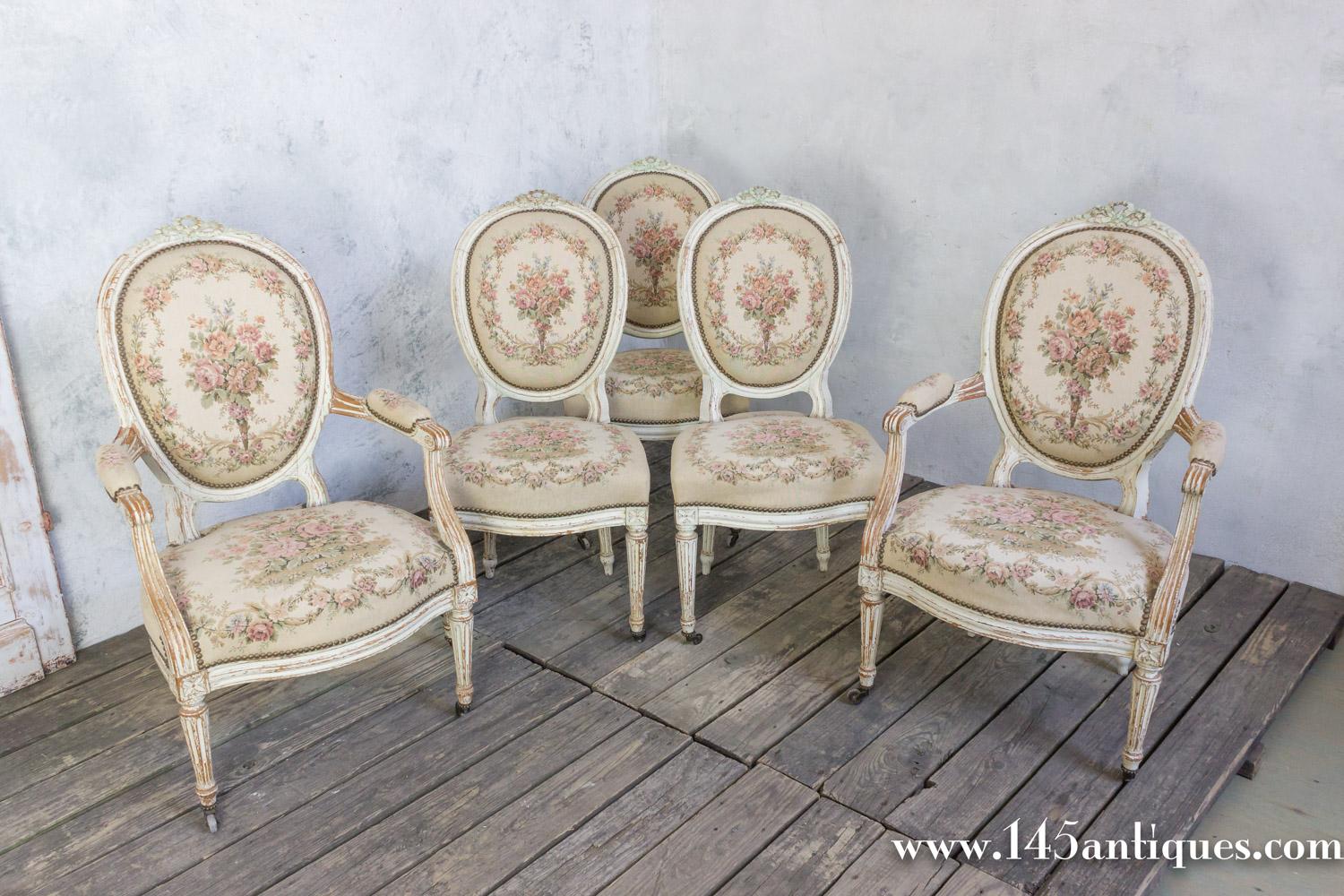 Pair of French 19th Century Louis XVI Style Armchairs in Petit Point Fabric For Sale 6