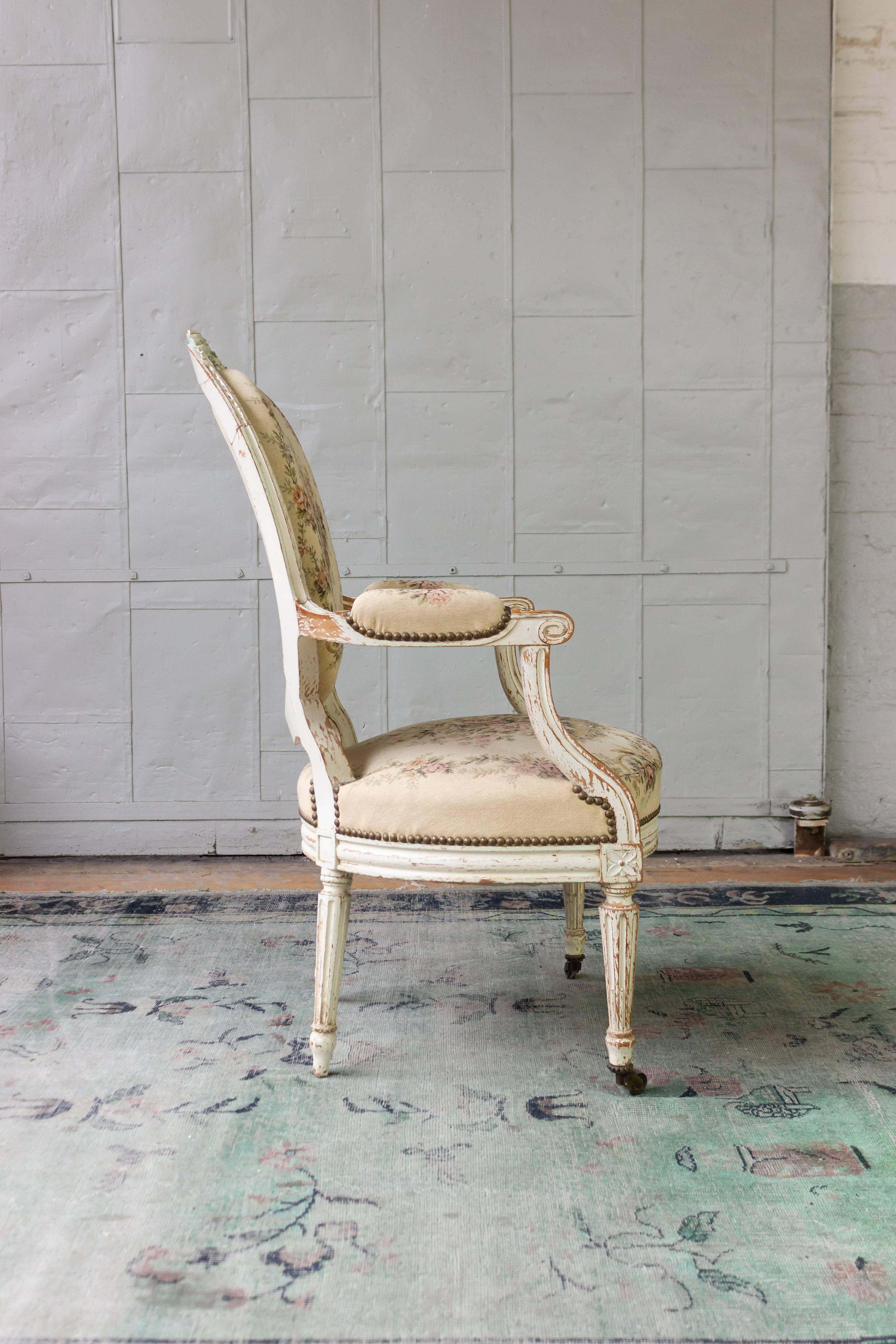 Pair of French 19th Century Louis XVI Style Armchairs in Petit Point Fabric 7