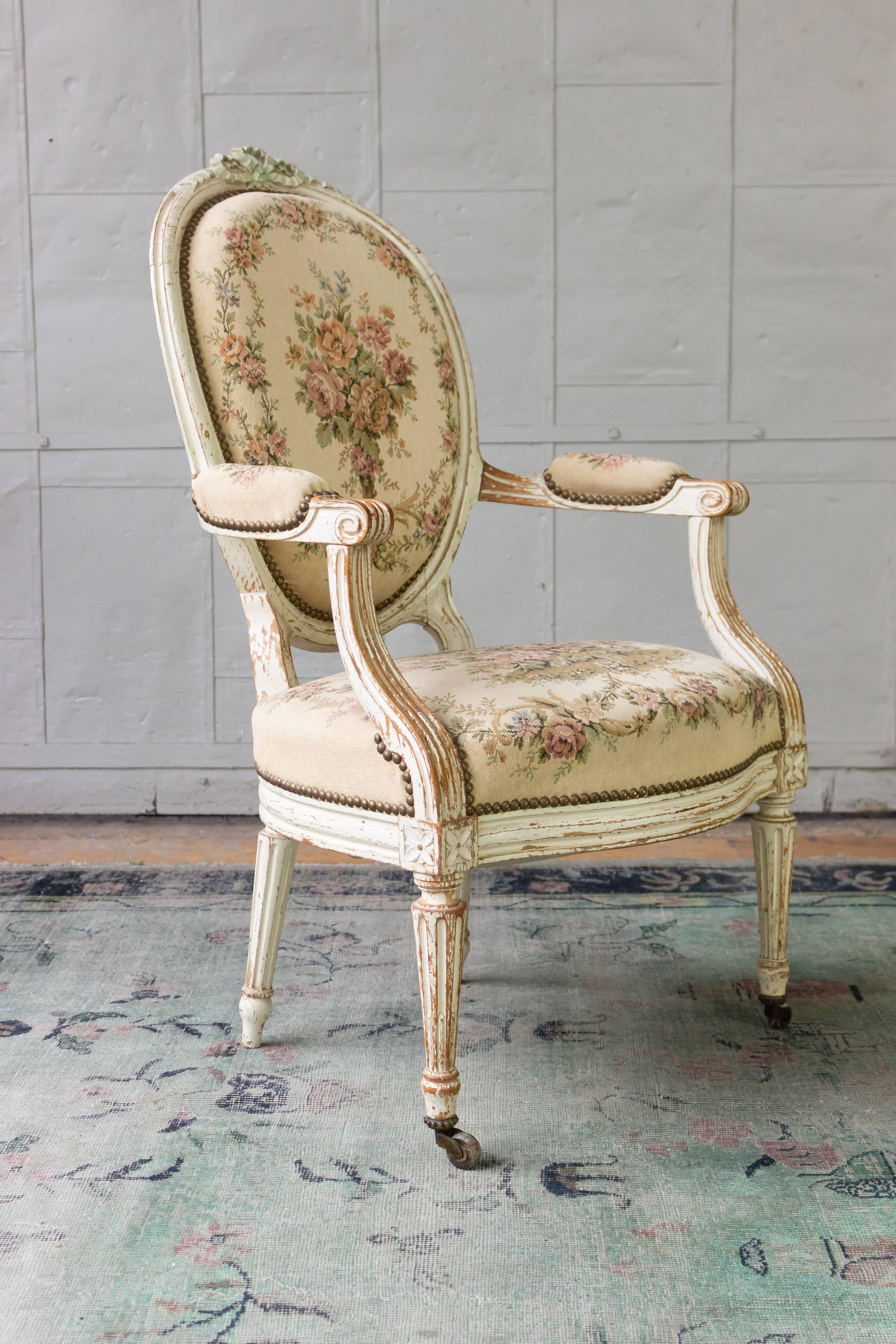 Pair of French 19th Century Louis XVI Style Armchairs in Petit Point Fabric 8