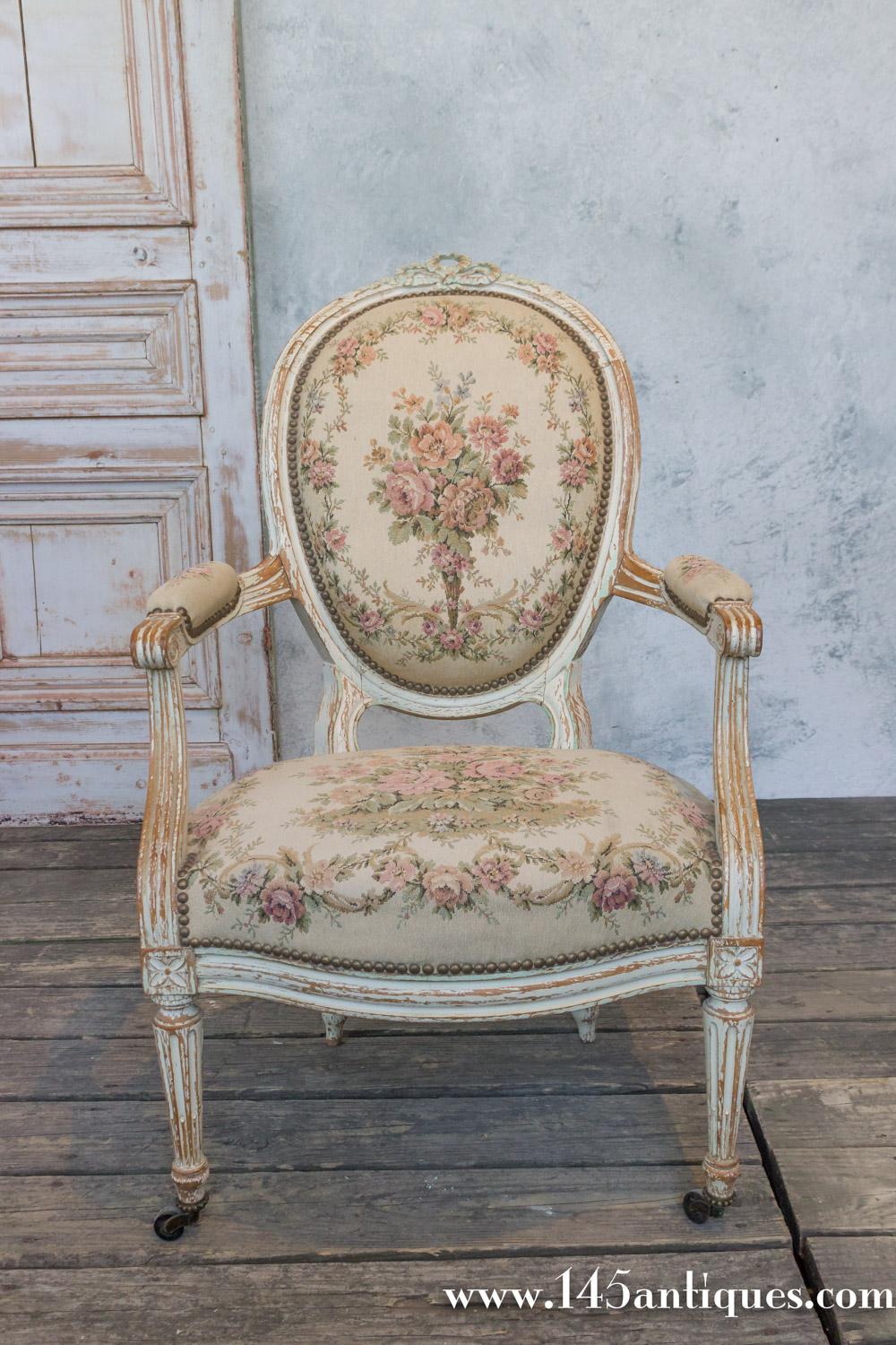 Pair of French 19th Century Louis XVI Style Armchairs in Petit Point Fabric In Good Condition For Sale In Buchanan, NY