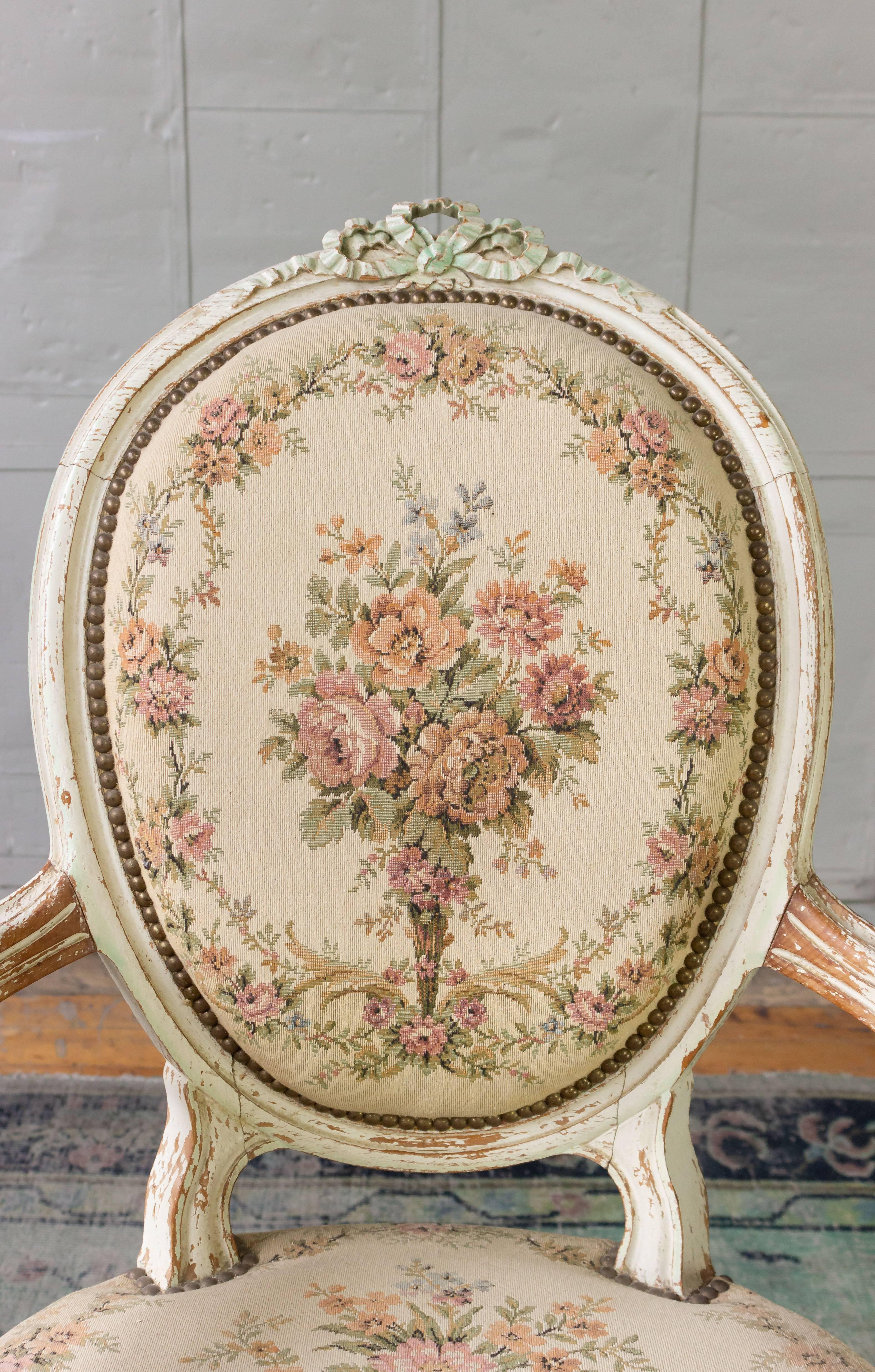 Pair of French 19th Century Louis XVI Style Armchairs in Petit Point Fabric In Good Condition In Buchanan, NY