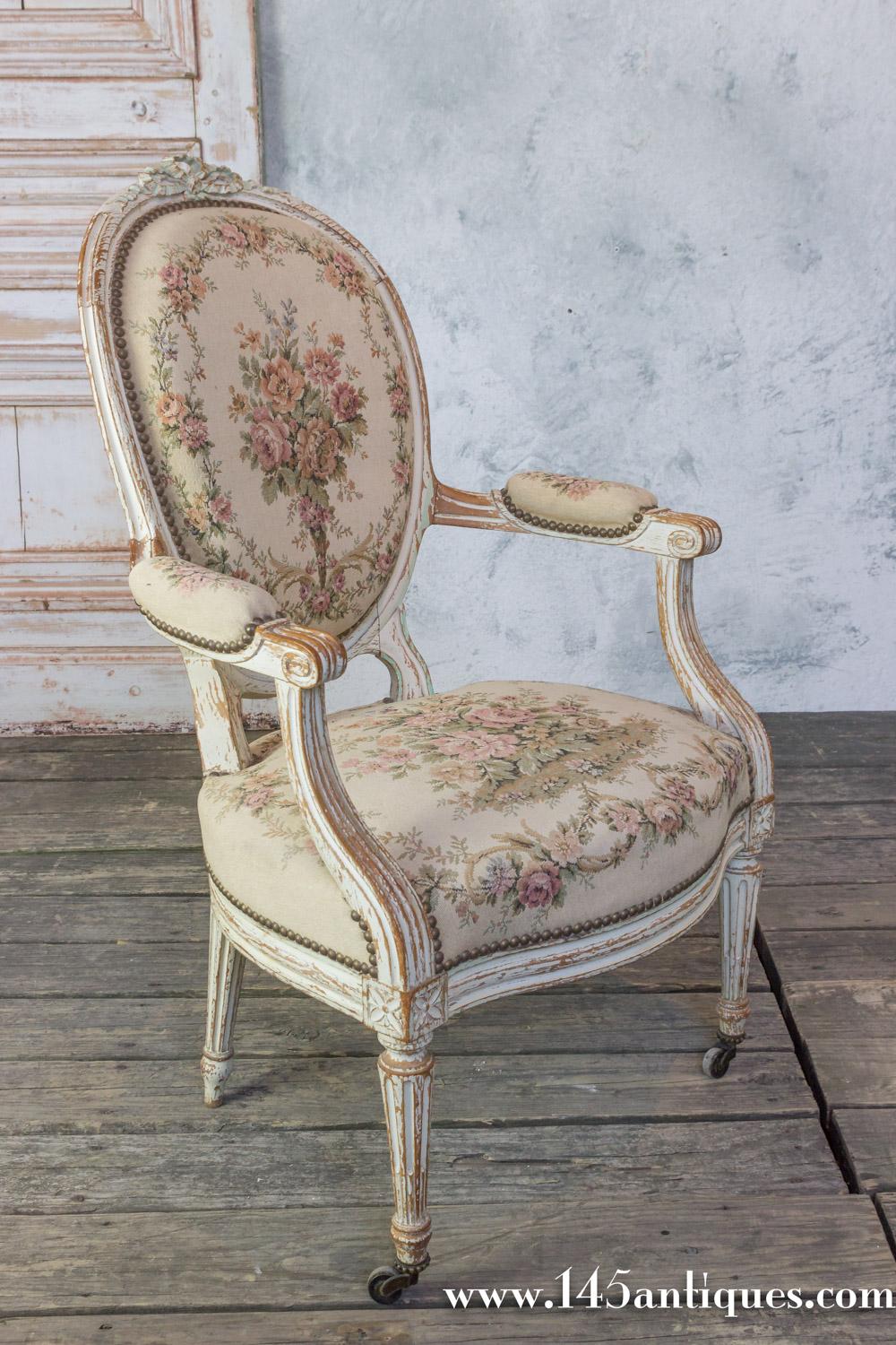 Early 20th Century Pair of French 19th Century Louis XVI Style Armchairs in Petit Point Fabric For Sale