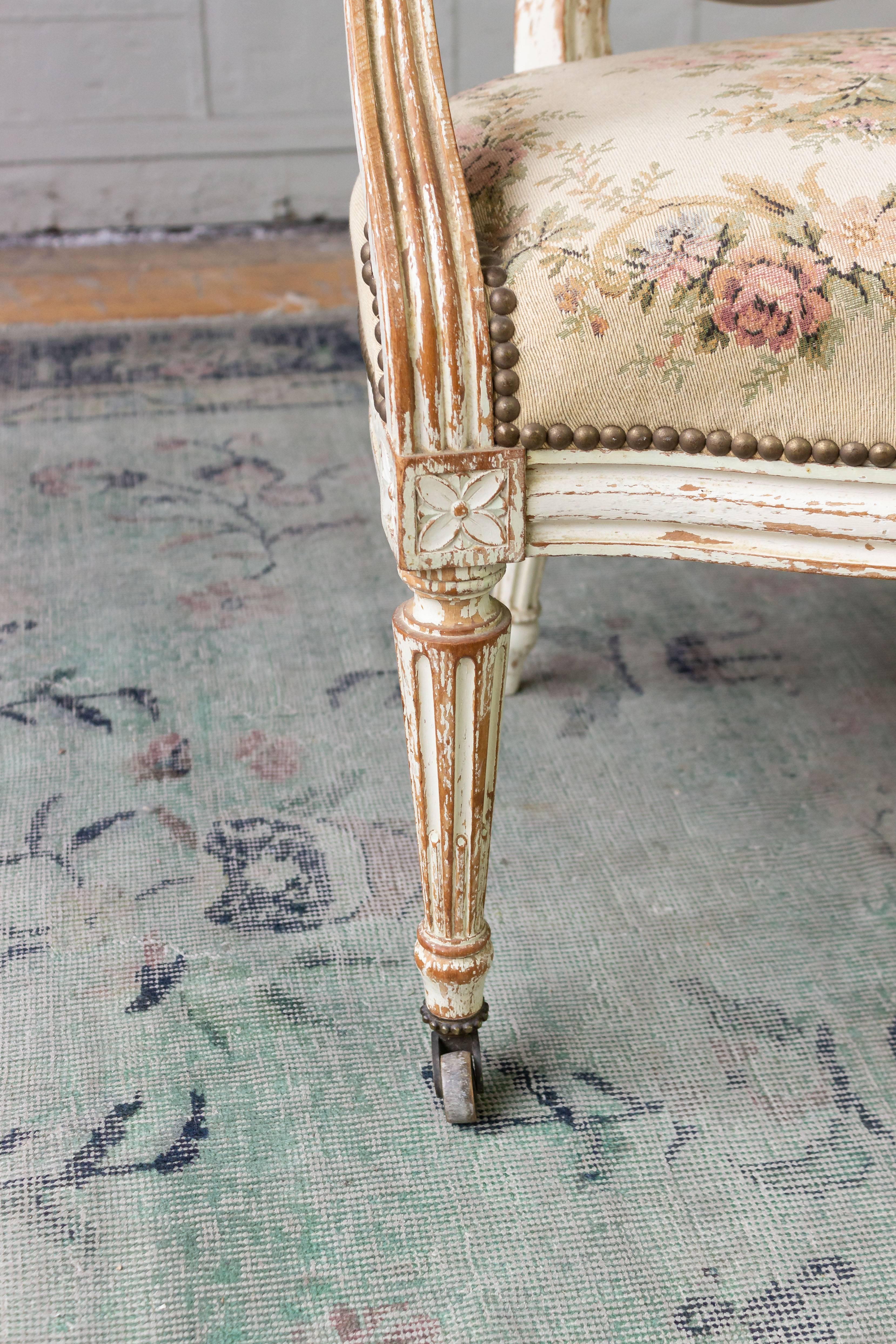 Early 20th Century Pair of French 19th Century Louis XVI Style Armchairs in Petit Point Fabric
