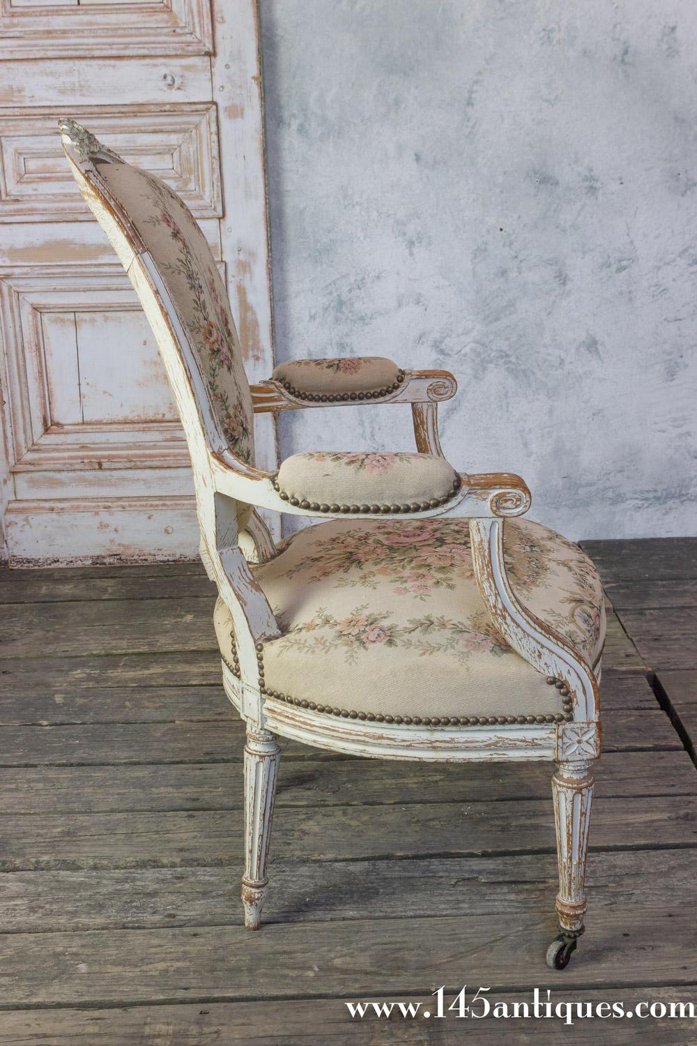 Upholstery Pair of French 19th Century Louis XVI Style Armchairs in Petit Point Fabric For Sale